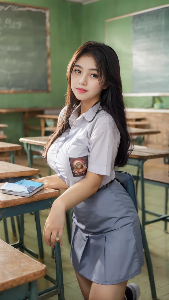 RAW, Best quality, high resolution, masterpiece: 1.3), Beautiful young indonesian girl, seductive pose, showing breast, open legs showing vagina, sensual body, on a top of table of class room,  ((senior high school clothes open buttons)), orgasm, highres, 4k, HDR, 1girl, photorealistic, realistic, big breasts, ((whole body)) turning away facial at viewer, closeup, class-room, misty,