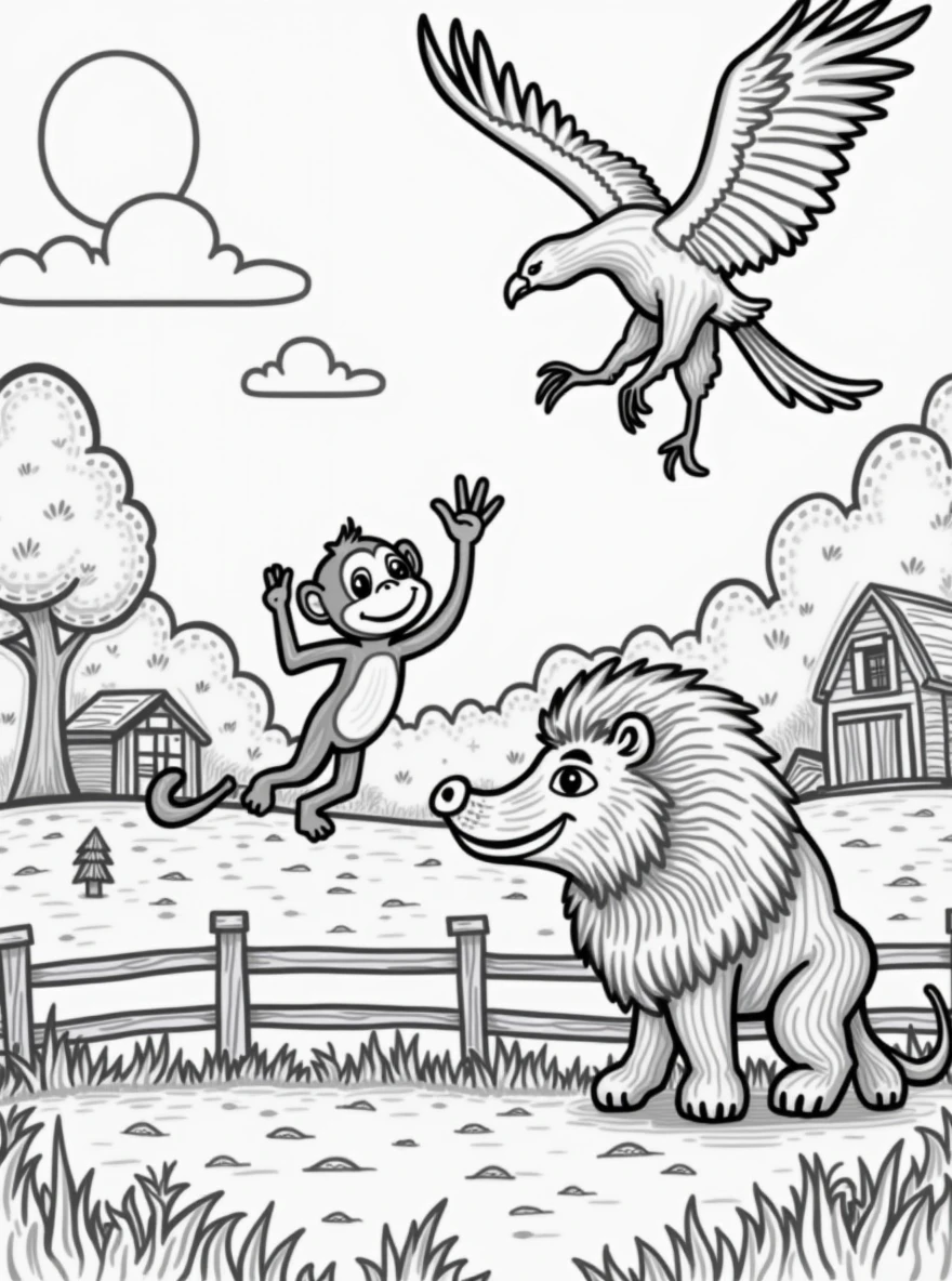 Simple line drawings of florest animals like monkey, eagles, javali, and lion. Include florest elements like wooden fences, barns, and fields. The style should be easy for children to color