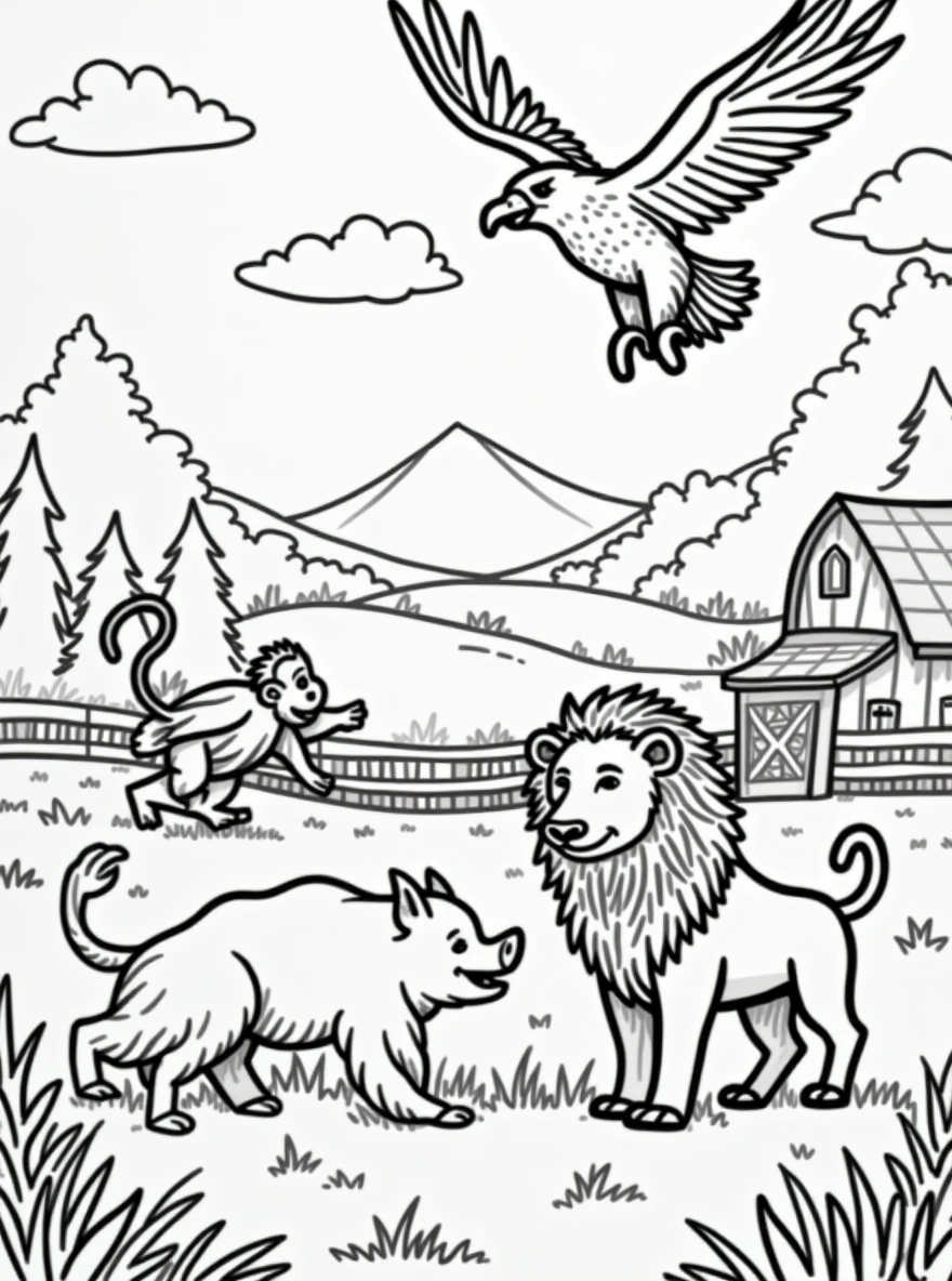 Simple line drawings of florest animals like monkey, eagles, javali, and lion. Include florest elements like wooden fences, barns, and fields. The style should be easy for children to color