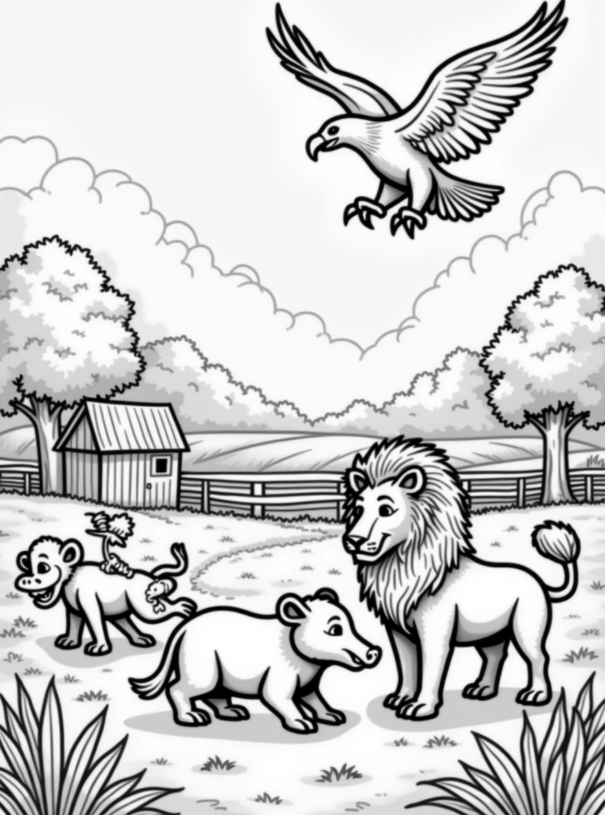 Simple line drawings of florest animals like monkey, eagles, javali, and lion. Include florest elements like wooden fences, barns, and fields. The style should be easy for children to color