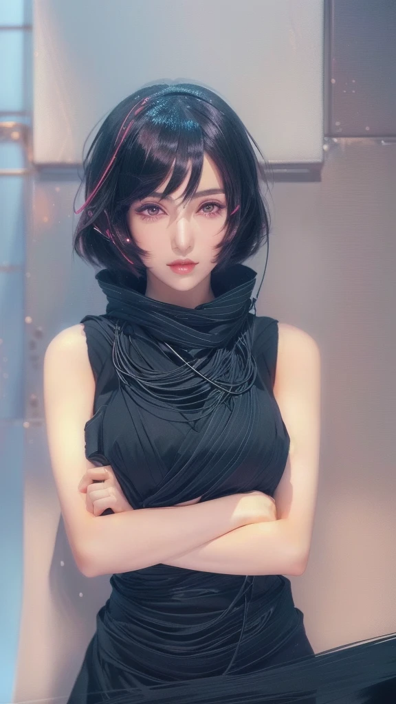 Arabian woman in a black dress standing with her arms crossed, Perfect android girl, Real life anime girls, Short Hair, Beautiful female android!, Inspired by Ren Mei, Makoto Shinkai and Artgelm, Ilya Kuvshinov and artgerm, Ilya Kuvshinov. 4k yen, Inspired by Fumie Kojima