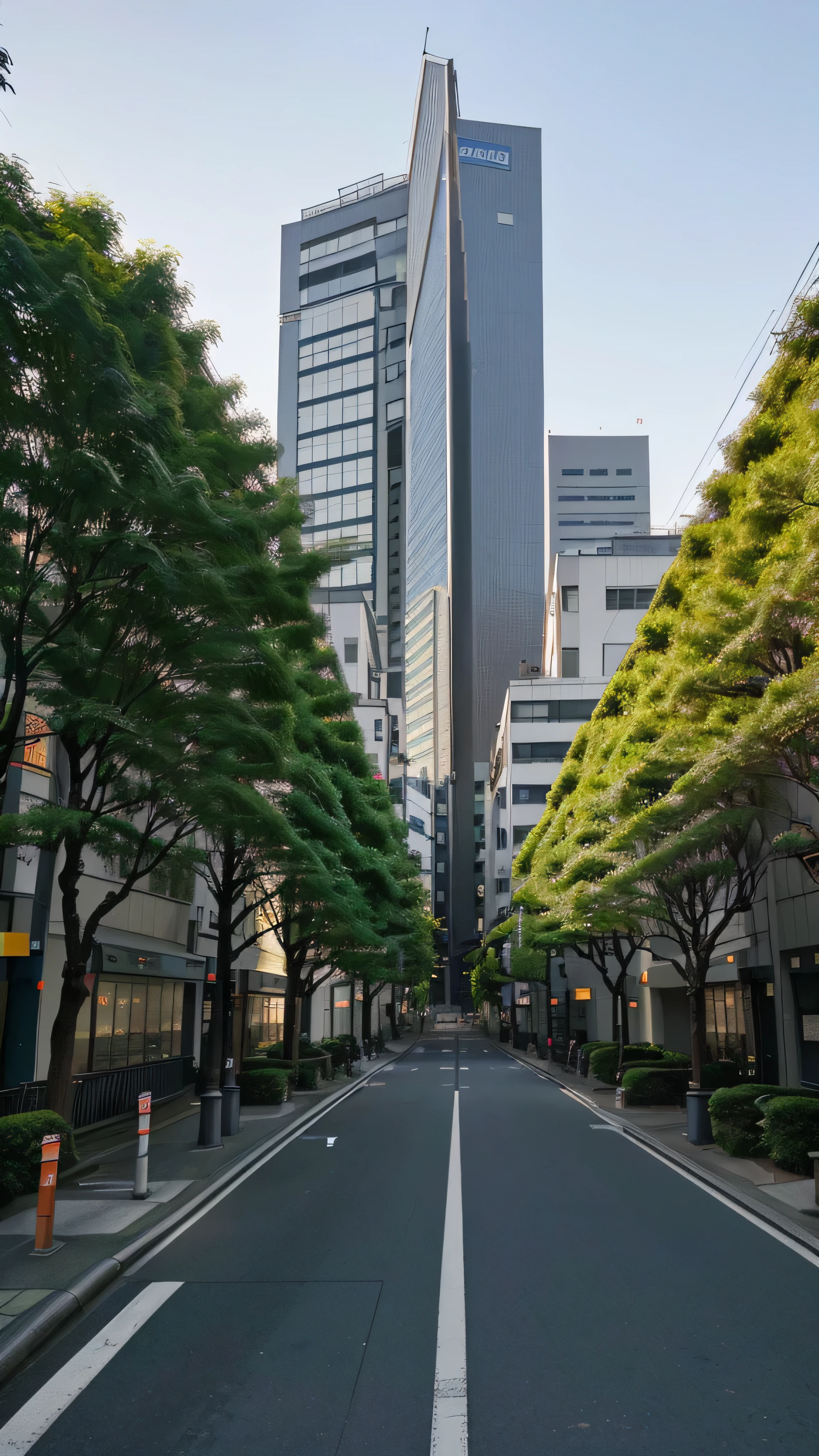 An early morning view walking on the street of Tokyo office area. There are a lot of tall office building and trees also planting along two sides of the street walking area, some shops and convenience store are on the two sides of the street, very detail description