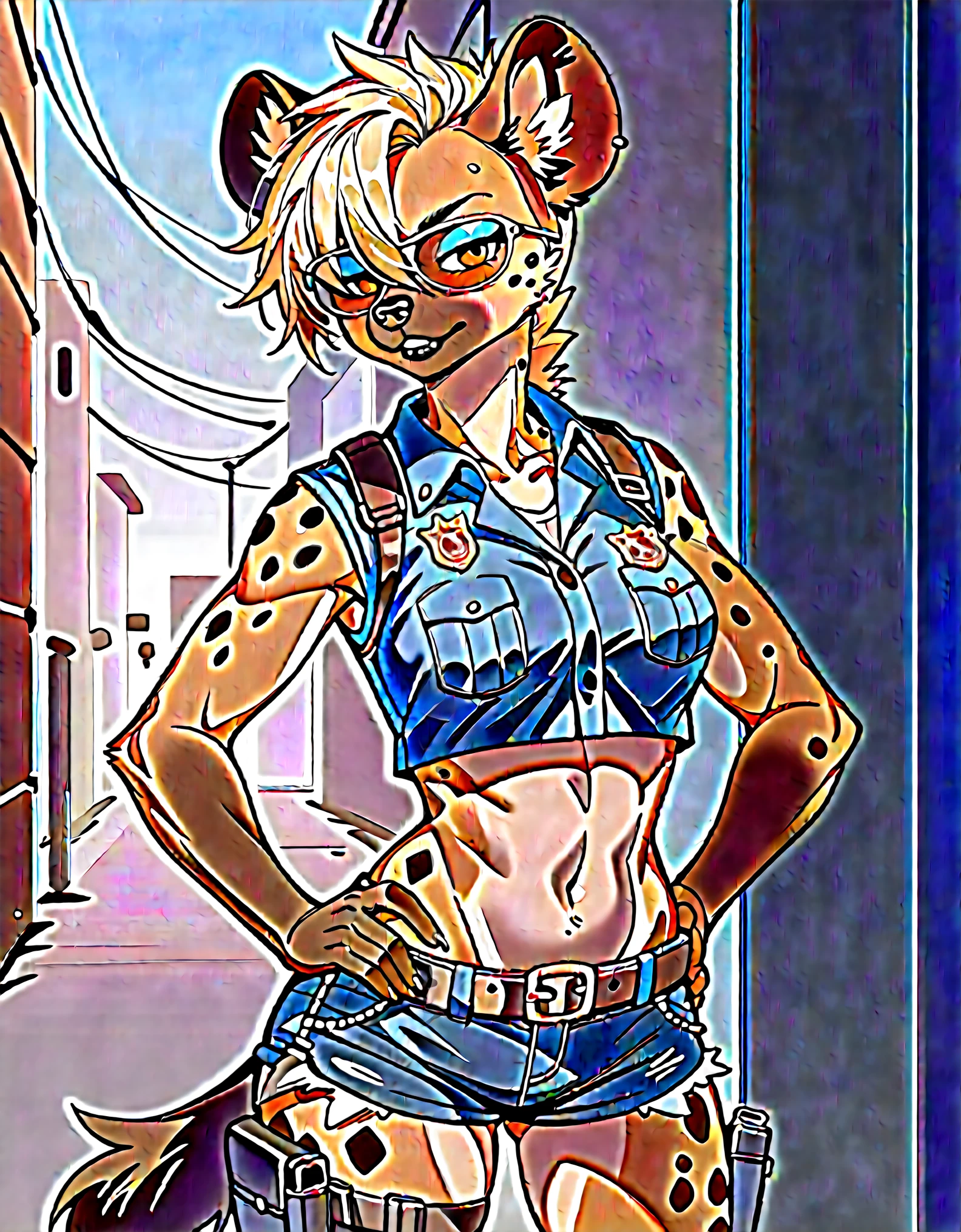 Solo, score_9,score_8_up,score_7_up, score_6_up, source_anime, kemono style, Trisha, female spotted hyena, brown snout, black nose, short spiked undercut platinum blonde hair, black lips, hyena tail, brown hyena ears, wearing black aviator sunglasses over eyes, wearing skimpy police uniform, crop top police vest, blue short shorts, waist belt, gun holster, hands on waist, outdoors, in an alley, nighttime