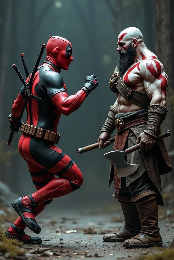 Imagine Deadpool, the Marvel anti-hero, sprinting towards Kratos, the powerful warrior from "God of War." Deadpool is clad in his signature red and black suit, with his swords crossed on his back. He has a sarcastic yet determined expression as he raises his fist to deliver a punch. His muscles are tensed, emphasizing the energy and strength behind the impending blow. Kratos, on the other hand, stands firm and ready, holding his Leviathan Axe with a cold and powerful expression. The setting around them is dark and intense, reflecting the tension of this iconic clash