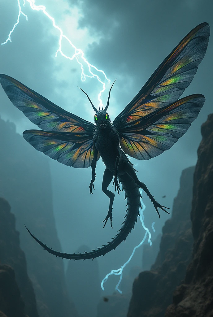I want a dragonized fly With black and iridescent colors That makes hurricanes with its wings