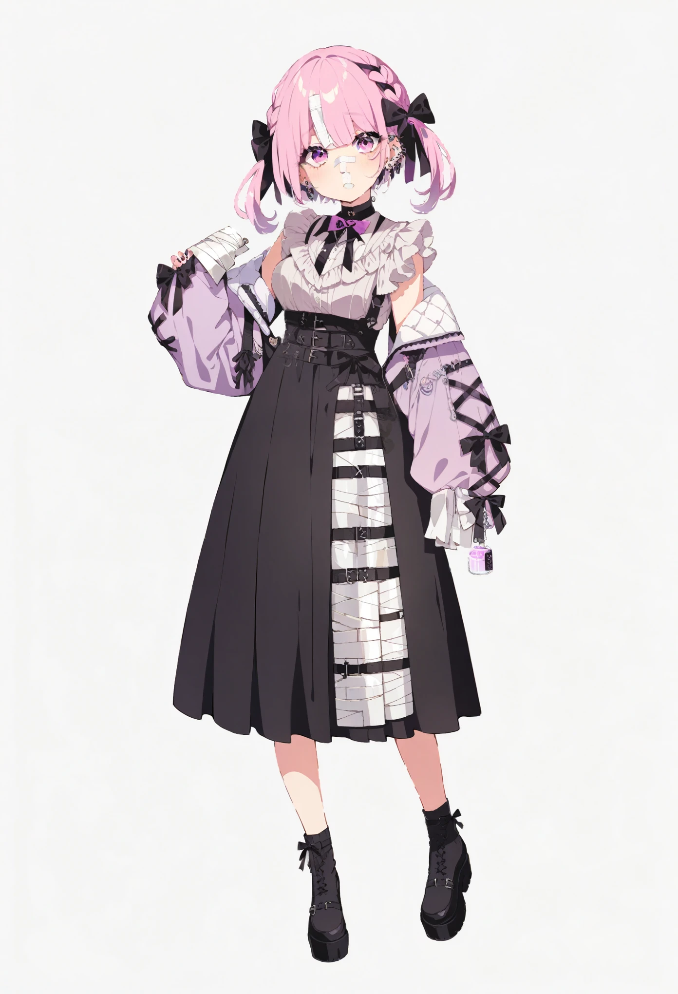 mature woman, solo, pink and black hair, slanted eyes, pink eyes, under-eye bags, watery eyes, bandage on face, bandage on tip of nose, covered in bandages, piercing, bandage, Jirai Kei,full body