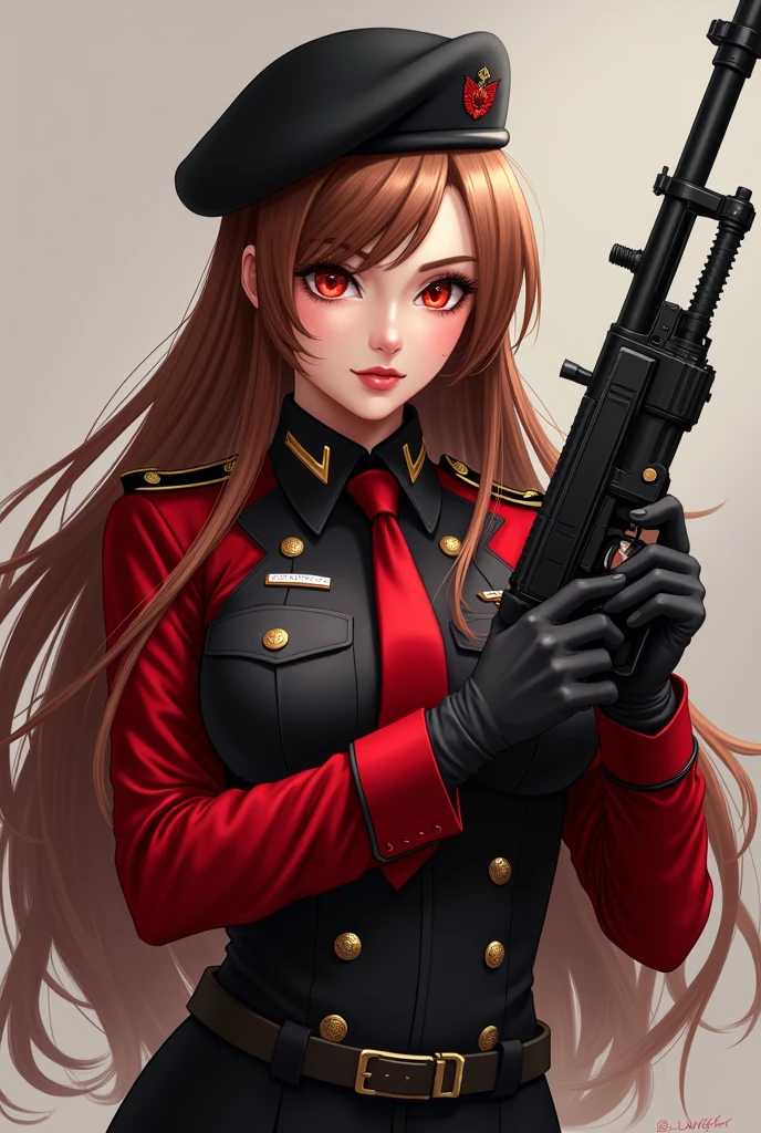 I made them wear military uniforms that were a mix of red and black.、Wearing a black beret、Wearing a red tie、Draw a beautiful girl with long chestnut hair and red eyes holding a gun based on fnscar