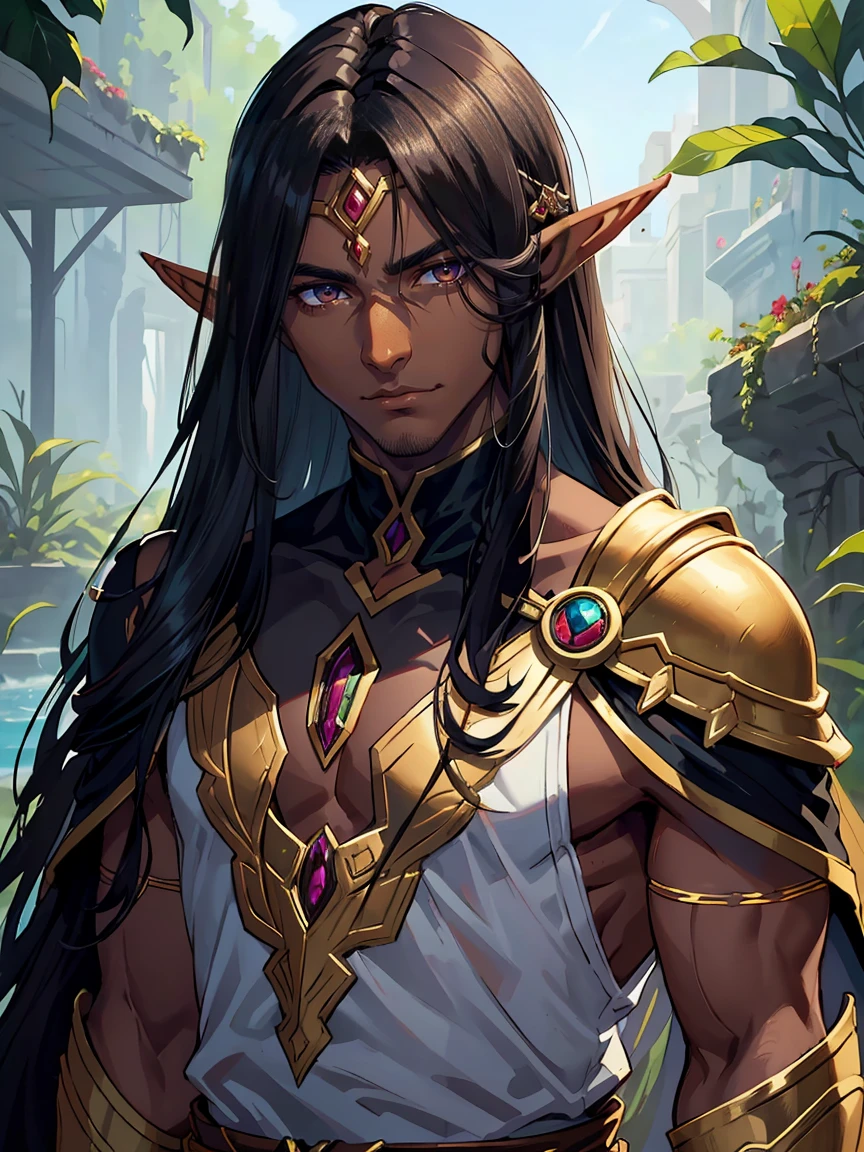 Long black hair, dark brown eyes, close up, portrait, dark eyes, solo, very long hair, handsome older man,Hyperresolution,accuracy,Detailed rendering,(Image of fine hair)(topquality)(Masterpieces of masters)(High degree of completeness)(A sense of atmosphere)tmasterpiece,Super detailed and super detailed(((half-body portrait)))((Elf male)))(((Tanned skin)))(((Dark skin)))(((Elf male)))(((Tribal clothing)))(((egyptian)))
