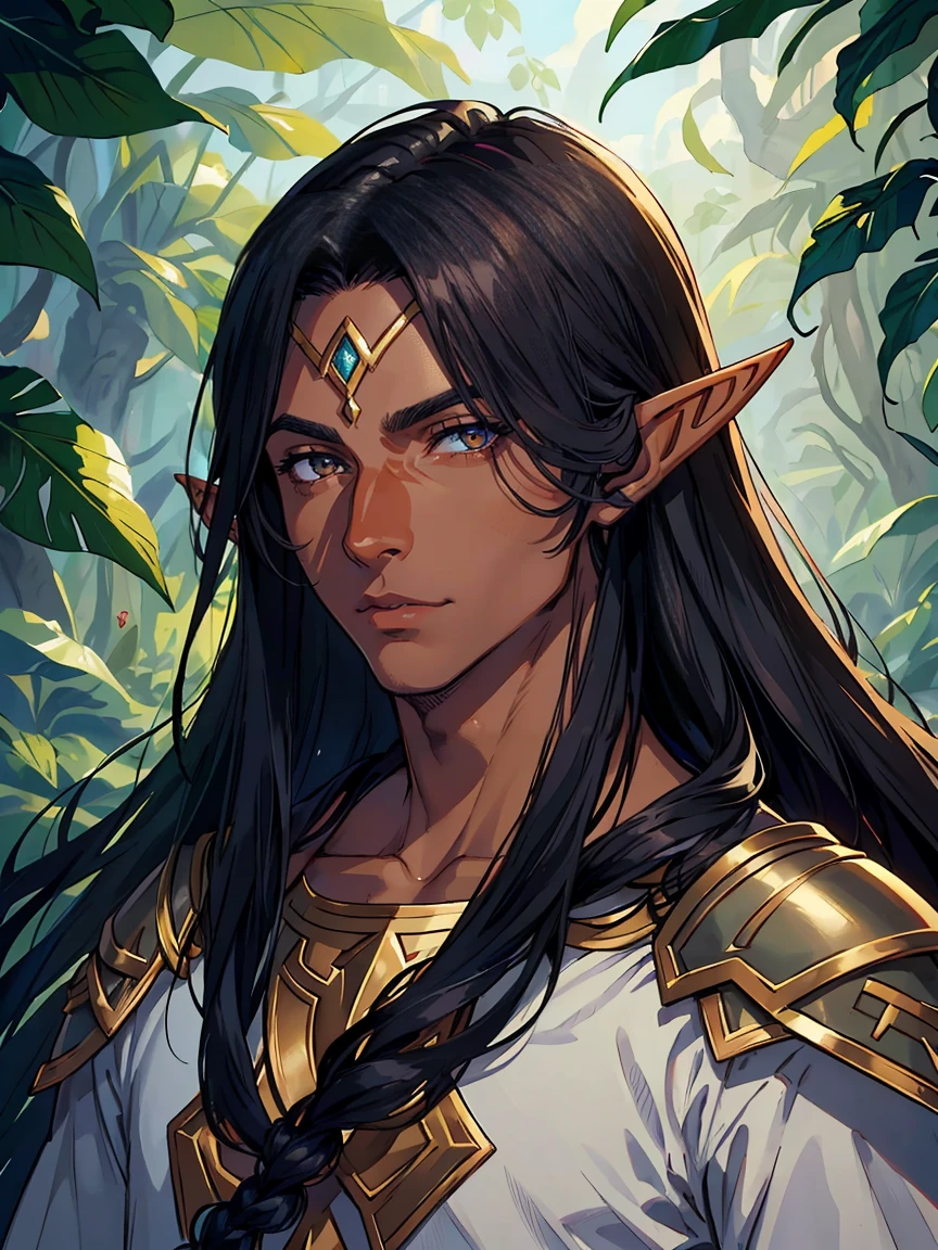 Long black hair, dark brown eyes, close up, portrait, dark eyes, solo, very long hair, handsome older man，Hyperresolution，accuracy，Detailed rendering,（Image of fine hair）（topquality）（Masterpieces of masters）（High degree of completeness）（A sense of atmosphere）tmasterpiece，Super detailed and super detailed（((half-body portrait)))((Elf male)))(((Tanned skin)))(((Dark skin)))(((Elf male)))(((Tribal clothing)))(((indiginous)))