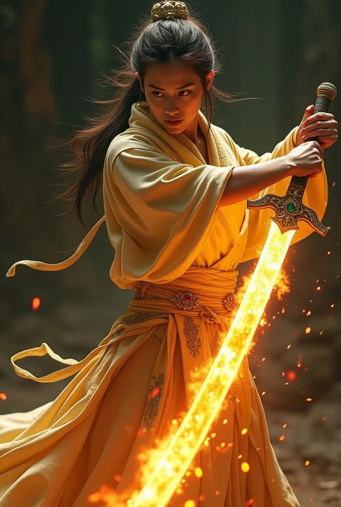 Ninja with light gold colored clothes and ruby green precious stones, showing face in fire sword photo 