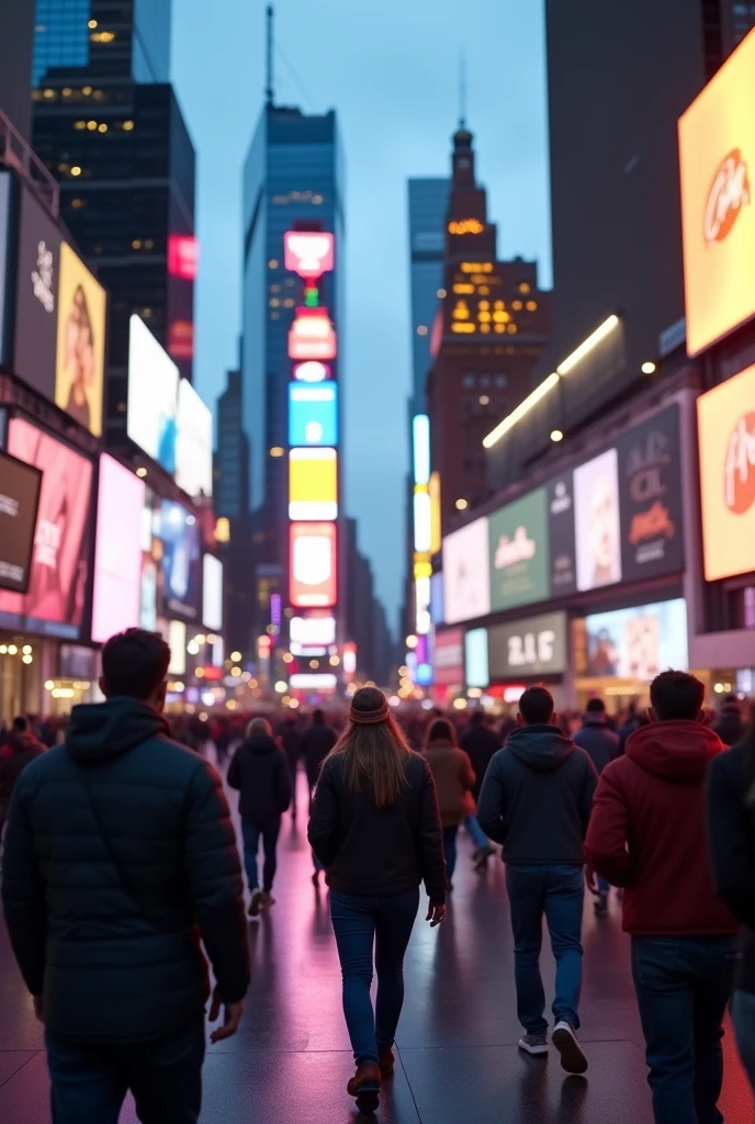 People walking on a street like Times square, with a beautiful and electrifying city in the background. all people are walking and using their cell phones. image ultra realistic