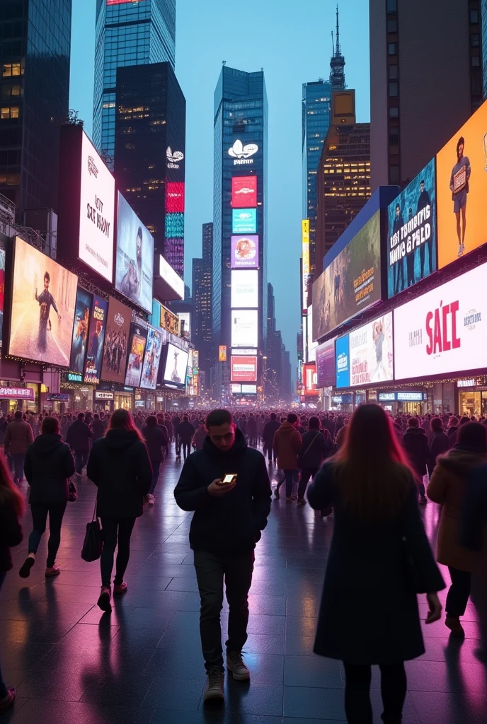 People walking on a street like Times square, with a beautiful and electrifying city in the background. all people are walking and using their cell phones. image ultra realistic