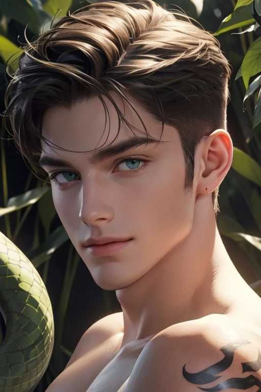 quarter Body photorealistic 4k, high resolution, Gorgon,,best quality, masterpiece, perfect color, perfect shade, perfect lighting, Posted by e621, ((portrait)), ((handsome man)), perfect male figure, Snakes hair details,Naked and nude torso,Detailed face, perfect face, (stood up), Detailed background, ((Bonifasco Lighting)), (delicate eyes),(),(()),tattoo,((forest)),emaciated. Smiling