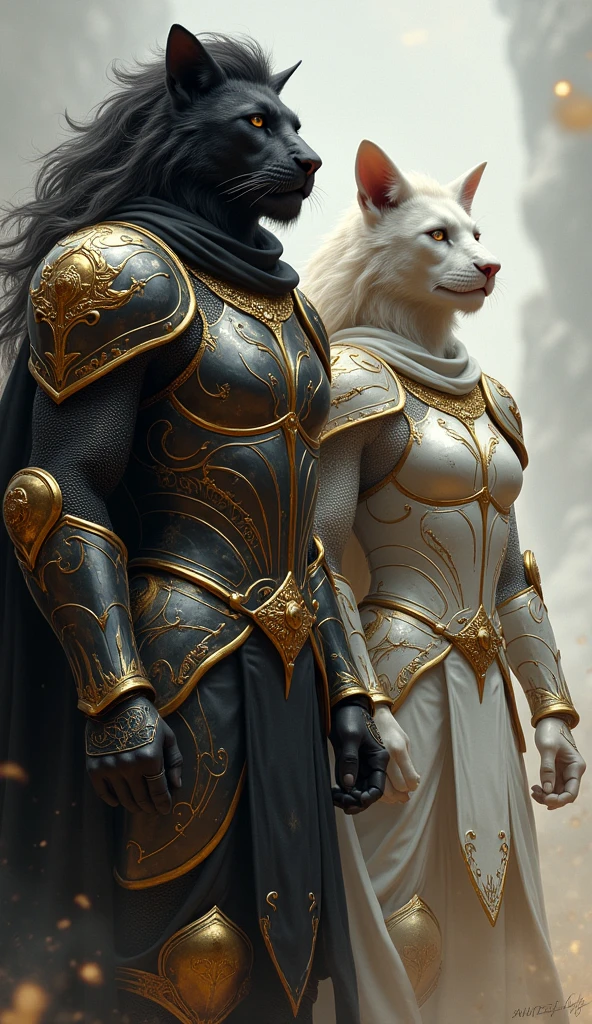 Mulatto-colored humans with black and gold armor and a cape related to the Knights of the Zodiac, His armor will have the combination of a lion spirit and a puma and his human companion with a white armor with the spirit of a white dog