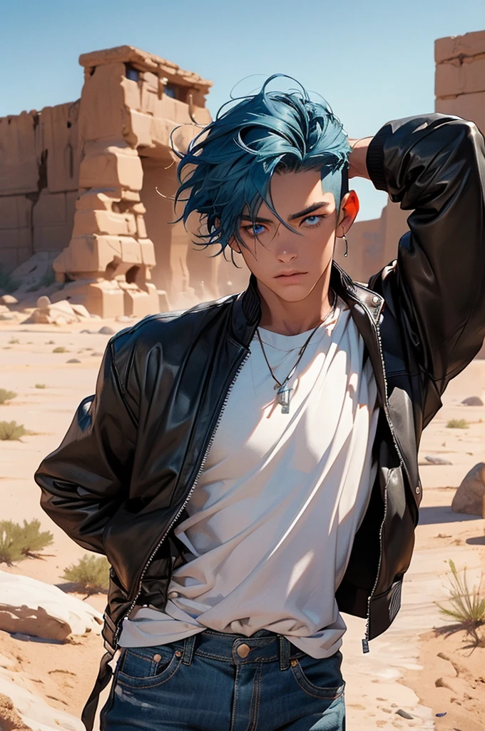 [Core Concept] A young man with striking blue eyes and hair, passionately speaking into a microphone against the backdrop of a desolate desert ruin. [Character Description] The man has a youthful, captivating appearance, with piercing blue eyes, long eyelashes, and vibrant blue hair. He is dressed in a leather jacket and light blue denim pants, conveying a sense of rugged style. [Environment/Background] The scene is set in a desert landscape, with the crumbling ruins of an ancient structure providing a stark and weathered backdrop. Scattered desert plants dot the arid surroundings, adding to the sense of isolation and desolation. [Style and Atmosphere] The overall atmosphere is one of raw, emotive energy, with the young man's intense expression and the rugged desert setting creating a powerful and evocative visual narrative. [Composition] The composition places the man at the center, his microphone-wielding figure commanding attention, while the desert ruin and plants frame and contextualize the scene. [Details and Embellishments] The man's long eyelashes and the subtle textures of his leather jacket and denim pants add depth and nuance to the character, further enhancing the visual interest and realism of the image. [Technical Specifications] The image should be rendered with a high level of detail and realism, capturing the intricate textures and lighting of the desert setting, as well as the expressive features and body language of the young man, BD STYLE.
