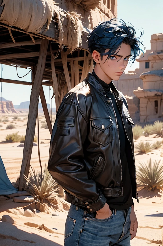 [Core Concept] A young man with striking blue eyes and hair, passionately speaking into a microphone against the backdrop of a desolate desert ruin. [Character Description] The man has a youthful, captivating appearance, with piercing blue eyes, long eyelashes, and vibrant blue hair. He is dressed in a leather jacket and light blue denim pants, conveying a sense of rugged style. [Environment/Background] The scene is set in a desert landscape, with the crumbling ruins of an ancient structure providing a stark and weathered backdrop. Scattered desert plants dot the arid surroundings, adding to the sense of isolation and desolation. [Style and Atmosphere] The overall atmosphere is one of raw, emotive energy, with the young man's intense expression and the rugged desert setting creating a powerful and evocative visual narrative. [Composition] The composition places the man at the center, his microphone-wielding figure commanding attention, while the desert ruin and plants frame and contextualize the scene. [Details and Embellishments] The man's long eyelashes and the subtle textures of his leather jacket and denim pants add depth and nuance to the character, further enhancing the visual interest and realism of the image. [Technical Specifications] The image should be rendered with a high level of detail and realism, capturing the intricate textures and lighting of the desert setting, as well as the expressive features and body language of the young man, BD STYLE.