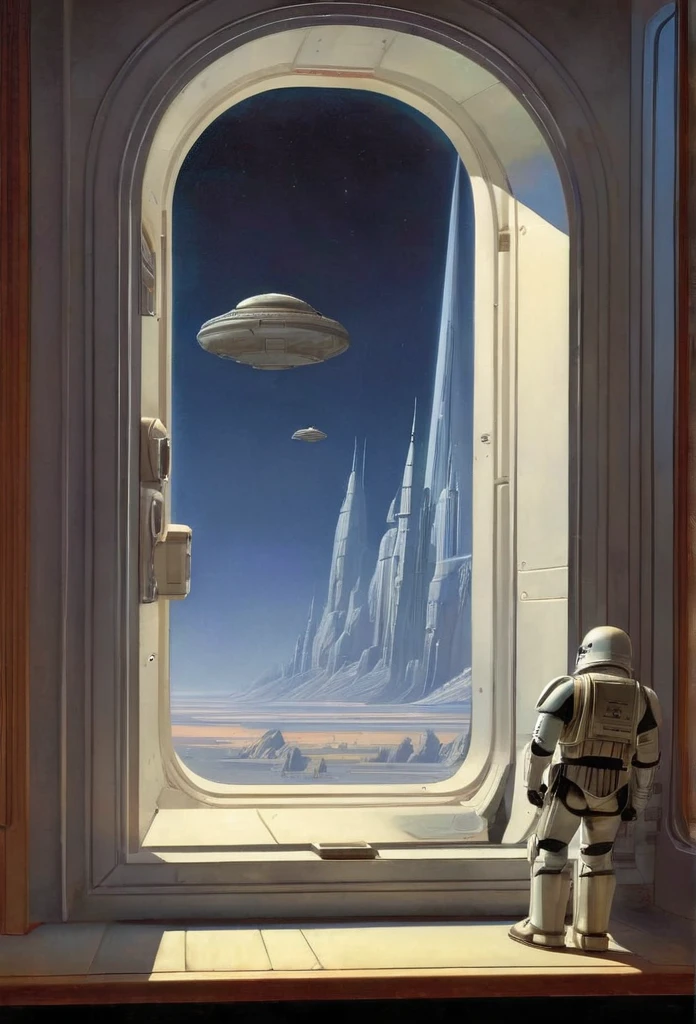View Outside the Window from inside, by Ralph McQuarrie, (masterpiece, best quality, perfect composition, very aesthetic, absurdres, ultra-detailed, intricate details, Professional, official art, Representative work:1.3)