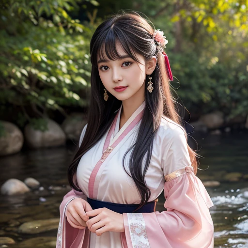 best quality, Delicate face,beautiful visual work, lifelike, eternity, black hair, Long curly hair, blunt bangs, Smile, Detailed Background, Delicate face,blush,cold,((masterpiece))、(top quality)、8k、high detail、Super detailed,31-year-old female,身穿唐制Hanfu、waist skirt, Clothes are light and fluffy,Hanfu, wide sleeves, Transparent sleeves, Tunic, Clothes e of chiffon, Seductive and whimsical style、masterpiece、born、Scenes resembling fairy tale illustrations、intricate details和複雜的設計、Beautifully、magic、capricious、 Beautifully、Dream aesthetics、「𝓡𝓸𝓶𝓪𝓷𝓽𝓲𝓬、ethereal、charming、fickle、magic」、realism、Visual effects、FXAA、SSAO、Shader、voiceless、ambient lighting、Tone mapping、High resolution、Ultra high quality、Million pixels、(8K resolution:1.10)、8k、8k以下、8K resolution、high detail、intricate details, (high quality:1.2、masterpiece:1.2、:1.21)、(31-year-old female:1.21)、(興奮地Smile)、(被dream般的氛圍所包圍、Model diagram,full-body shot,Normal 2 feet,Put your hands behind you,The protrusion of the breast is visible when wearing clothes, Large Breasts, H cup chest, antiquity, Xian Xia, gauze clothes, Soft and fluttering, Fairy, dream, fantasy, light, Elegant, nature, Immortal, romantic, classical, ribbon, pink clothes, By the stream, "Cross your hands and put them into your sleeves"