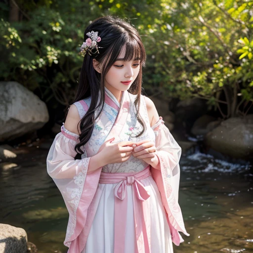 best quality, Delicate face,beautiful visual work, lifelike, eternity, black hair, Long curly hair, blunt bangs, Smile, Detailed Background, Delicate face,blush,cold,((masterpiece))、(top quality)、8k、high detail、Super detailed,31-year-old female,身穿唐制Hanfu、waist skirt, Clothes are light and fluffy,Hanfu, wide sleeves, Transparent sleeves, Tunic, Clothes made of chiffon, Seductive and whimsical style、masterpiece、born、Scenes resembling fairy tale illustrations、intricate details和複雜的設計、Beautifully、magic、capricious、 Beautifully、Dream aesthetics、「𝓡𝓸𝓶𝓪𝓷𝓽𝓲𝓬、ethereal、charming、fickle、magic」、realism、Visual effects、FXAA、SSAO、Shader、voiceless、ambient lighting、Tone mapping、High resolution、Ultra high quality、Million pixels、(8K resolution:1.10)、8k、8k以下、8K resolution、high detail、intricate details, (high quality:1.2、masterpiece:1.2、:1.21)、(31-year-old female:1.21)、(興奮地Smile)、(被dream般的氛圍所包圍、Model diagram,full-body shot,Normal 2 feet,Put your hands behind you,The protrusion of the breast is visible when wearing clothes, Large Breasts, H cup chest, antiquity, Xian Xia, gauze clothes, Soft and fluttering, Fairy, dream, fantasy, light, Elegant, nature, Immortal, romantic, classical, ribbon, pink clothes, By the stream, "Cross your hands and put them into your sleeves"