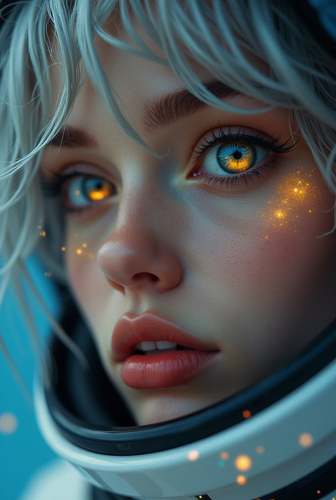 (Close-up of a better masterpiece:1.5)0.9], (Space and astronauts:1.2) (Messy silver hair:1.1) (Heterochromia xanthochromia and blue eyes:1.2) (Space Helmet:1.0) (Colored stars in the eyes:1.0) (A radiant glow:1.1) (thick lips:0.9)