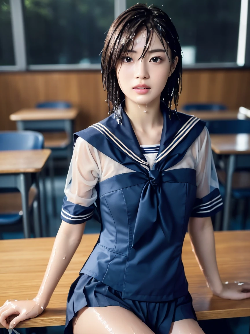 (masterpiece:1.2), Very detailed, Ultra-high resolution, (Realistic, photo Realistic:1.6), High-resolution RAW color photos, Professional photos, Sharp focus:1.2, (Very detailed顔と肌の質感, Very beautiful eyes, Glossのある肌, Glowing Skin, Glowing Skin, Shining Face, Gloss, Oily skin, greasy face, Oily skin, greasy face,),, (real Glossのある肌 texture), Perfect Anatomy, Very detailed背景,(High school classroom at night),((1 female)),25-year-old woman, Japanese women,height: 168cm,(short hair, Straight hair, bangs, Brown Hair),((Flat Chest:1.6)),(Slim, thin legs), ((((Short Sleeve White Sailor School Uni形状、Navy blue pleated skirt:1.5、Perfectly detailed sexy bra covered by sailor suit))),Sit at a desk、((((Wet and sheer sailor suit:1.5))))