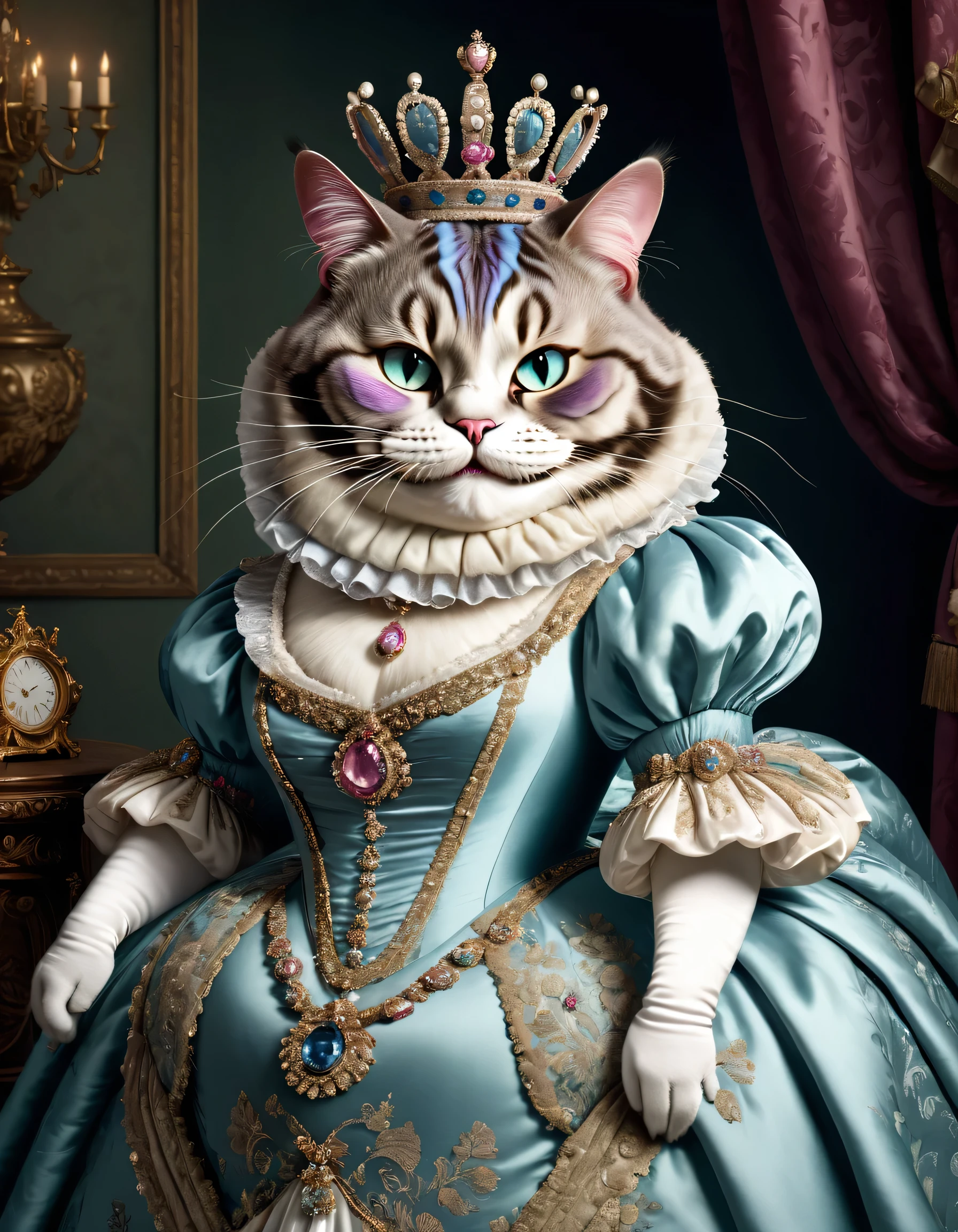 photorealistic portrait of Dressed animals - a ((fat)) (Cheshire cat) Queen, (furry),(elegant Ladylike pose:1.5) Wearing luxury sack-back gown,(wearing luxury tiara),(happy atmosphere:1.5), Old-fashioned luxury royal clothes, detailed and opulent description of a queen's aristocratic sack-back gown in Rococo style , emphasizing luxurious fabrics, intricate embroidery and ornate accessories, simple background,(face close up image:1.5),(looking at viewer:2.0),(viewed from side:1.3),score_9, score_8_up, score_7_up, score_6_up, score_5_up, score_4_up,
