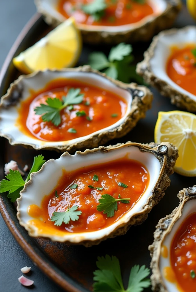Oysters in their shell with chiltepín sauce.
Fresh oysters served with a chiltepín-based sauce, lemon juice, Garlic and cilantro.