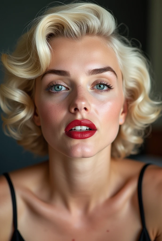 Marilyn Monroe is a woman with blonde hair blue eyes and mole on cheek