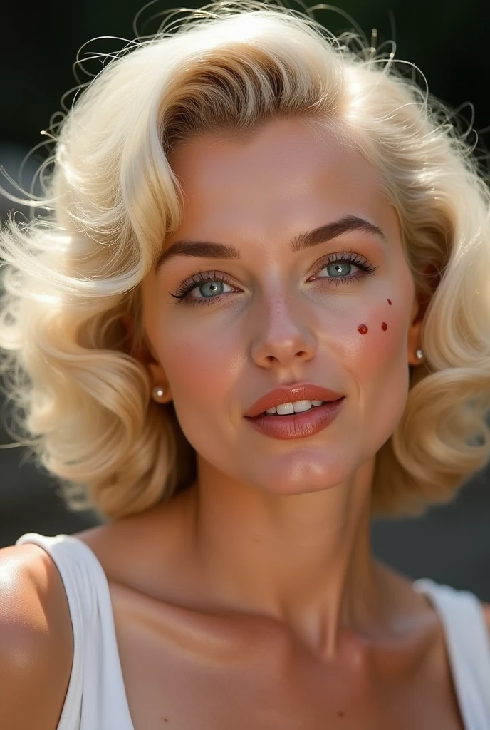 Marilyn Monroe is a woman with blonde hair blue eyes and mole on cheek