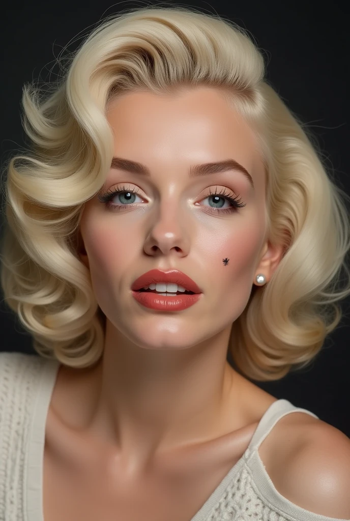 Marilyn Monroe is a woman with blonde hair blue eyes and mole on cheek