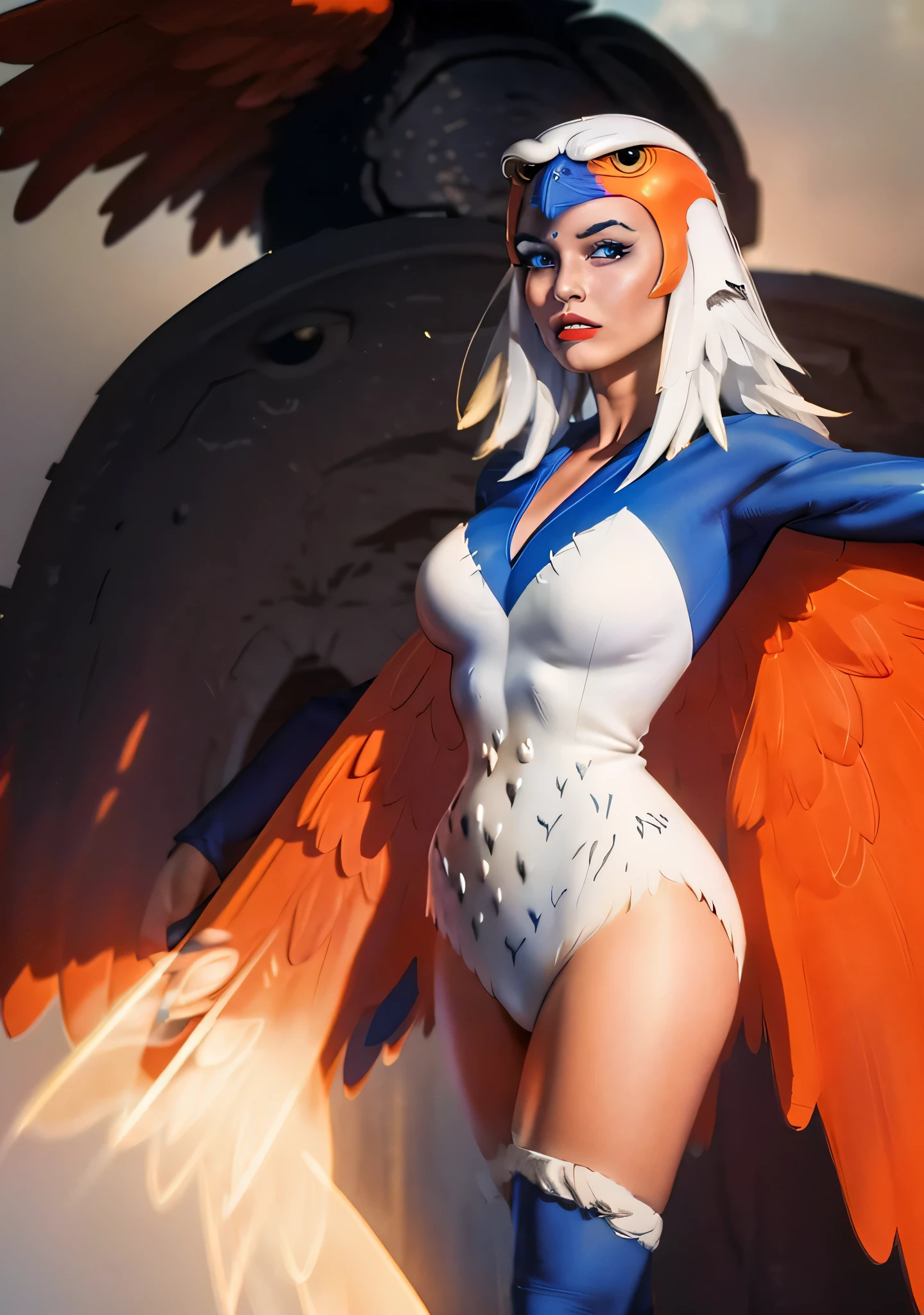 straight-on,pose,looking at viewer,solo, BREAK, 
CARTOON_Sorceress_heman_90s_ownwaifu, www.ownwaifu.com,
breasts, long hair, medium breasts, white hair, lips, makeup, lipstick, blue eyes, monster girl, nose, red lips, animification, 
wings, feathered wings, feathers, white hair, angel wings, white wings, harpy, leotard, winged arms, bird, bird wings, helmet, multiple wings, 
BREAK, official art,extremely detailed CG unity 8k wallpaper, perfect lighting,Colorful, Bright_Front_face_Lighting,shiny skin, (masterpiece:1.0),(best_quality:1.0), ultra high res,4K,ultra-detailed, photography, 8K, HDR, highres, (absurdres:1.2), Kodak portra 400, film grain, blurry background,(vibrant_color:1.2),professional photograph,