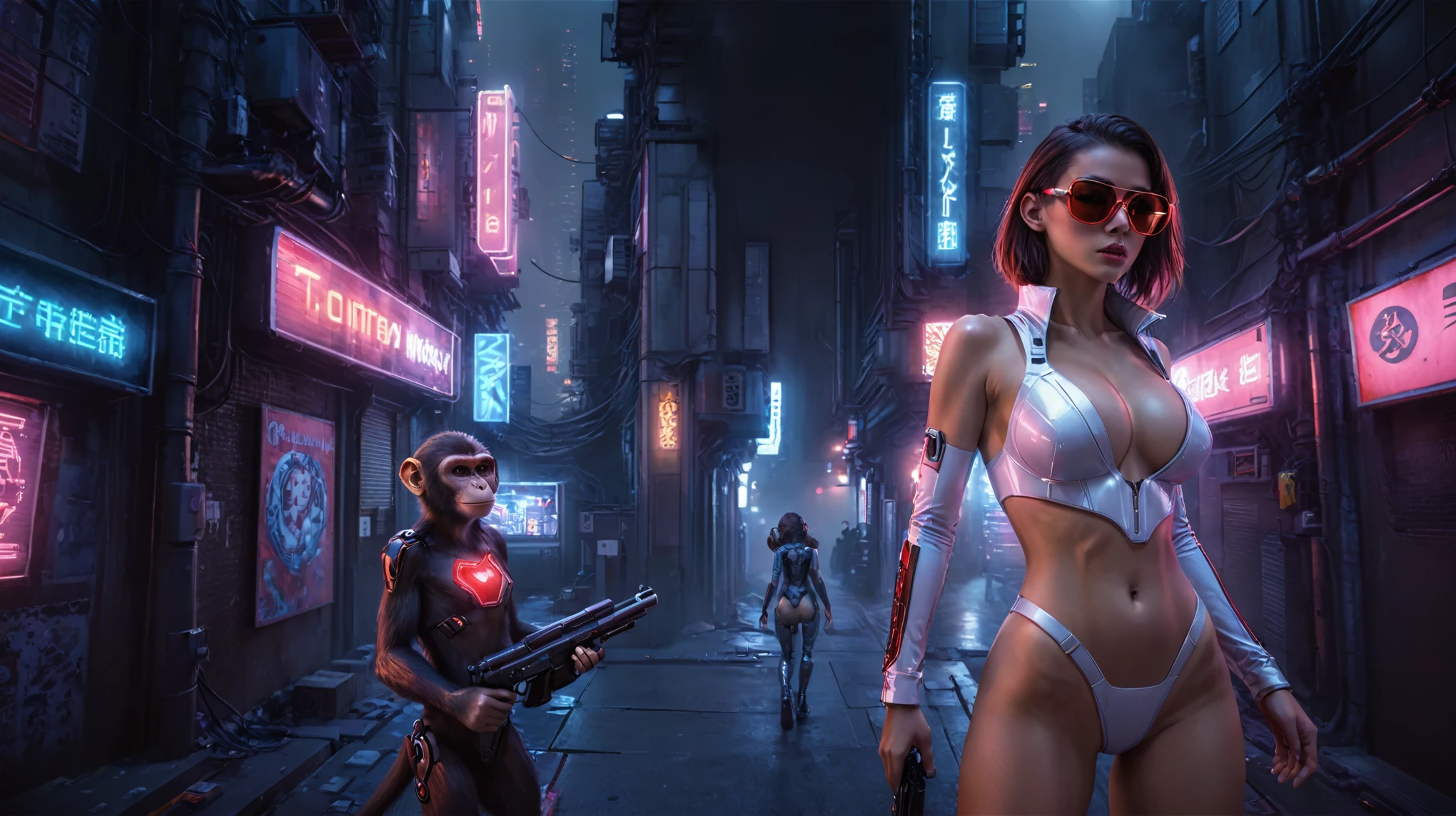 There's a cyborg woman (8k) wearing a futuristic leotard (best quality), aerial view of a cyberpunk city alley at night, (a real monkey on her shoulder), darksynth aesthetic, red neons, haze, foggy night, ultra detailed, photorealistic, (1girl, solo, alone), large-breast:1.2 slim body, cleavage:1.1, (black sunglasses), (holding a pistol), dynamic pose, half-body thigh level medium shot, cinematic lighting, ray tracing.