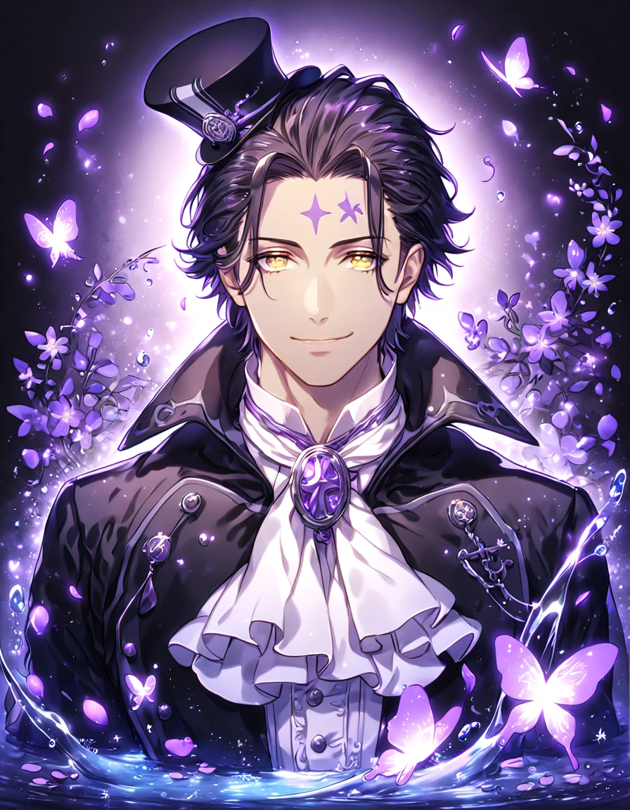 Ultra detailed, HDR, Highres, absurdres, master piece, Tyki Mikk, black hair, hair slicked back, ruffled wavy hair, short hair, expressive yellow eyes, dark gray skin, black coat, white shirt, white cravat, white gloves, D.Gray-man, black gentleman hat, sexy man, handsome, purple flowers, petals, cross mark on his forehead, fantasy, magical, purple leaves, handsome, best quality, glittering, sensual, horny, water, purple shining fireflies, solo, small purple butterflies, purple flames, noah, handsome smile