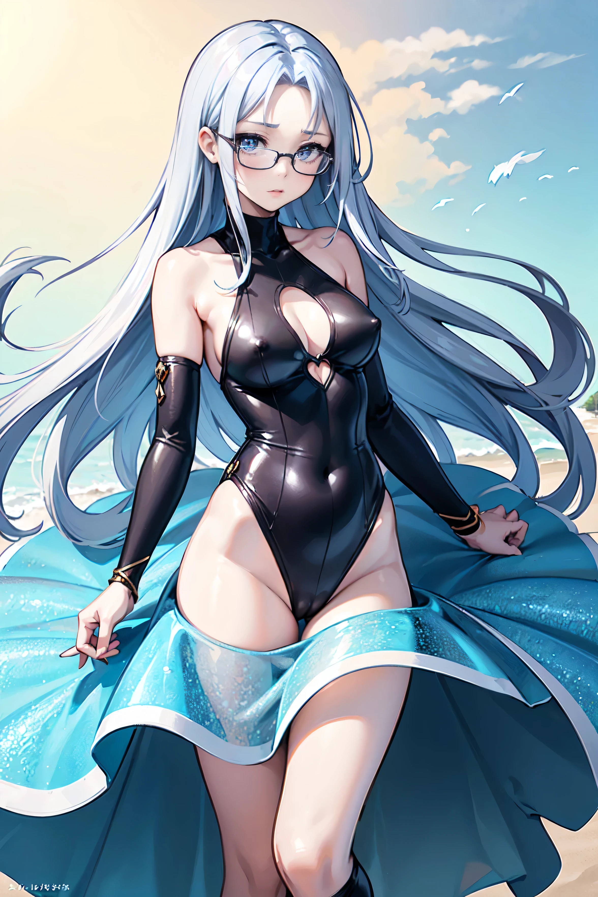 reate an anime-style illustration of a 1７-year-old girl named Shizuka. She has long, straight, blue hair with bangs cut straight across her forehead. She has large, almond-shaped silver-blue eyes and porcelain-like white skin. Shizuka often wears glasses.(Highest quality:1.4), (super high quality), (Very detailed）Beautiful sea in midsummer、The sea is sparkling、Super big breasts、J-cup big breasts、Emphasize the chest、Nipples are visible、A risqué one-piece swimsuit combat outfit、Glittering costumes、Small costumes、Emphasize the chest、See-through costumes、High and small nose、Long Hair、Glasses、