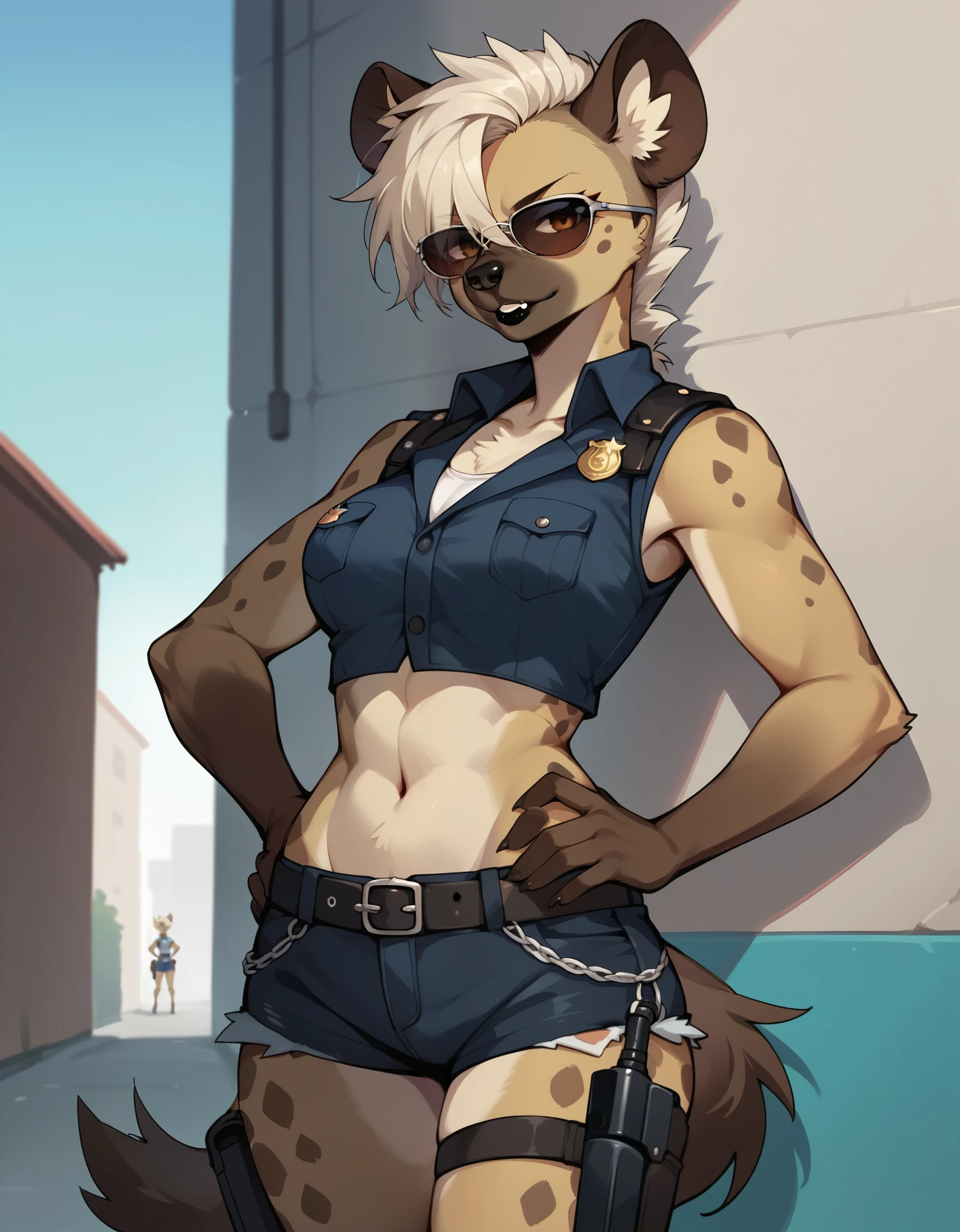 Solo, score_9,score_8_up,score_7_up, score_6_up, source_anime, kemono style, Trisha, female spotted hyena, brown snout, black nose, short spiked undercut platinum blonde hair, black lips, hyena tail, brown hyena ears, wearing black aviator sunglasses over eyes, wearing skimpy police uniform, crop top police vest, blue short shorts, waist belt, gun holster, hands on waist, outdoors, in an alley, nighttime