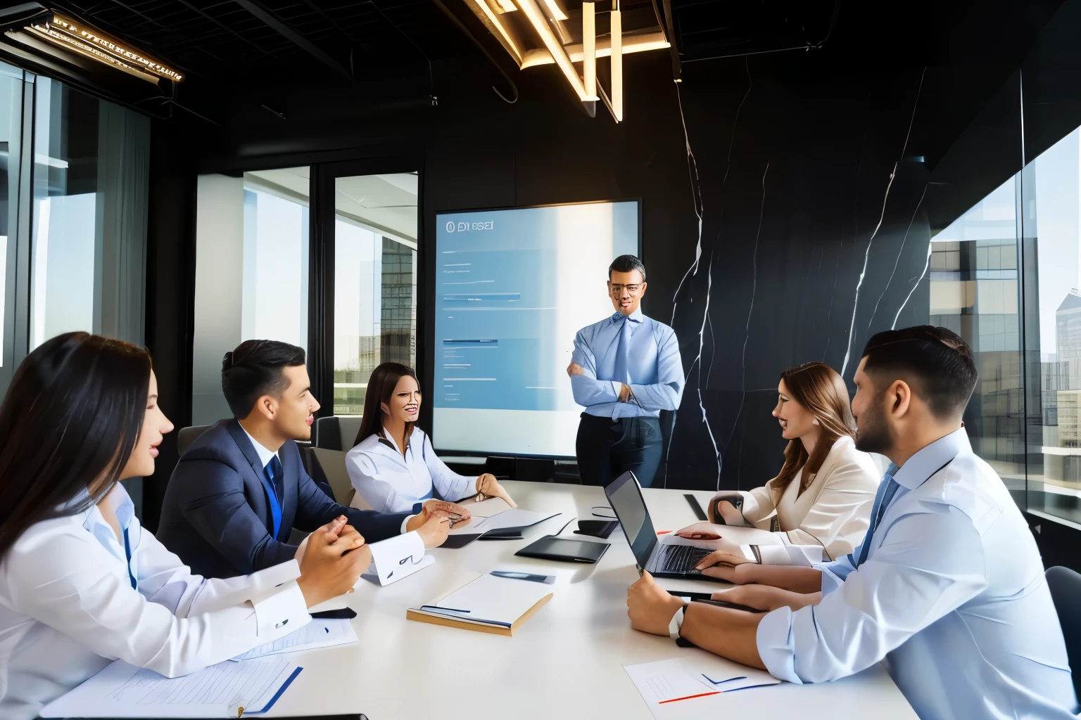 Several people sitting around a table with papers and laptops., in a meeting room, stock photo, CEO, business meeting, stock image, stock image de alta calidad, high quality image, in meeting together, pexels, on a dark background, vibrant and powerful, shutter, Corporate Head, Interesting background, professional image, very consistent, corporate business, fake images