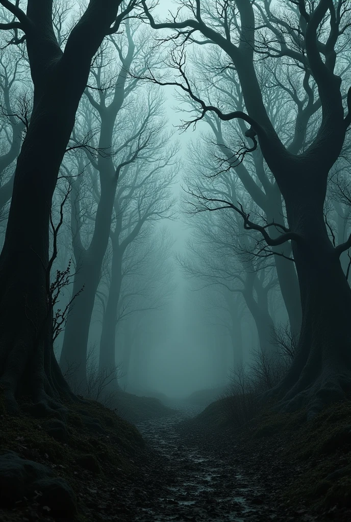 A terrifying and gloomy abandoned forest ((Very realistic))