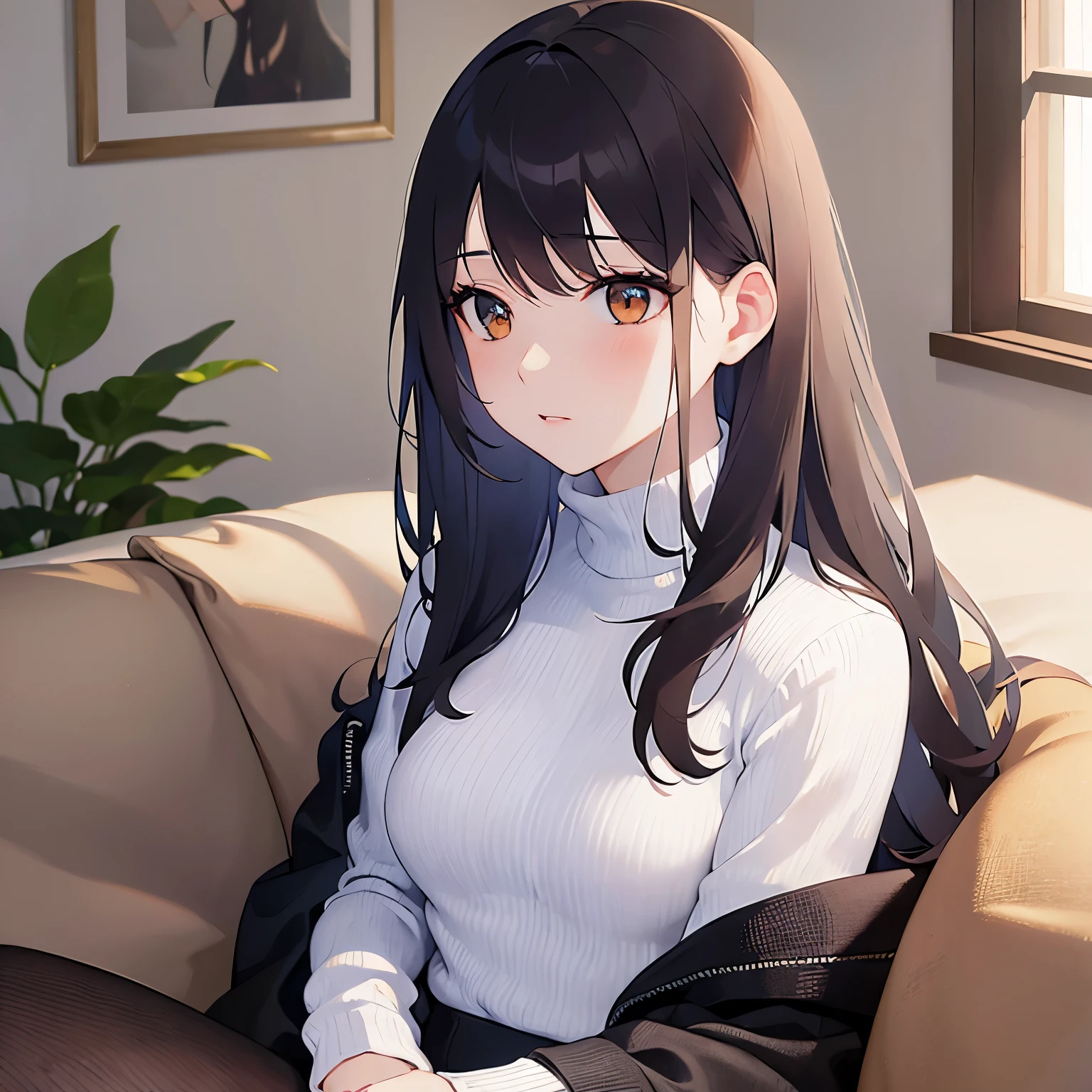 (looking away:1.5)Upper Body, 
 Realistic, real person, (pale skin: 1.2), RAW photo, photorealistic, shiny skin, shiny hair、
(A 25-year-old woman with medium-length hair and bangs) and (wavy hair) and (brown hair) and (orange eyes),
 (White turtleneck long sleeve:1.5)
shy.The background is the living room at night,Sitting