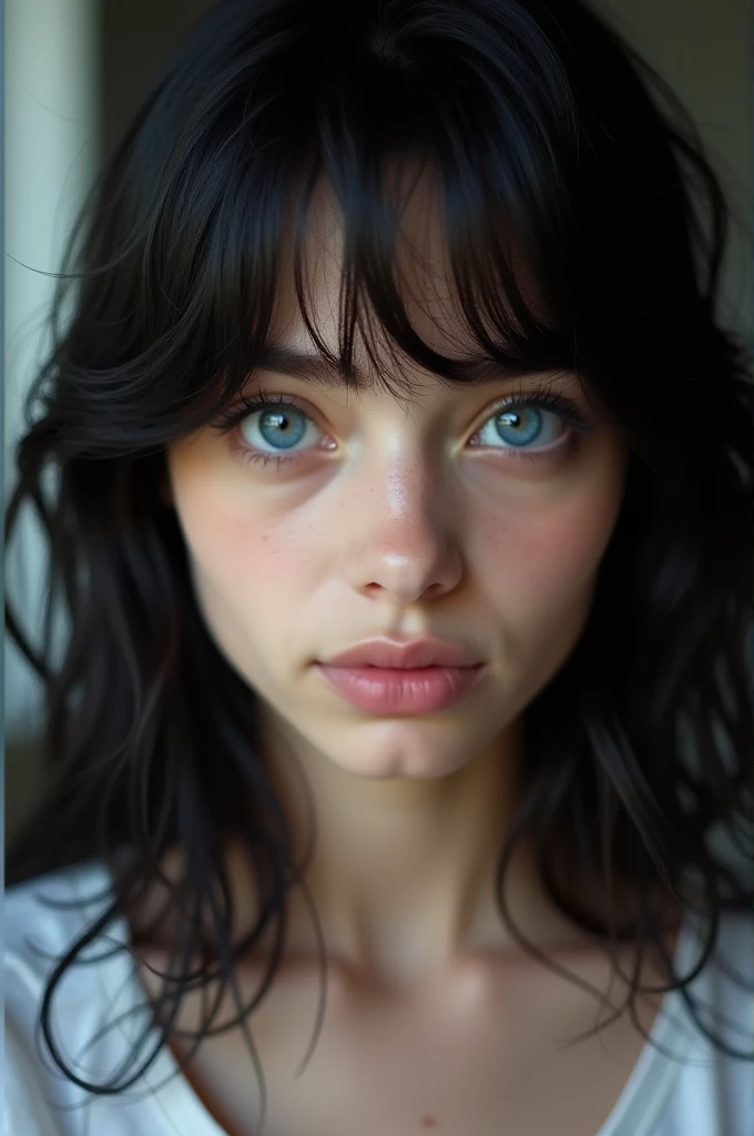 28 year old girl black hair white skin blue eyes, beautiful and slightly plump lips 