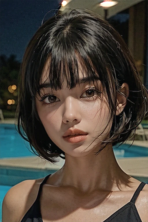 Beautiful girl with short hair with straight front bangs covering her forehead to her eyebrows, hair styles Yor Forger, in black bikini, next to the apartment pool, at night