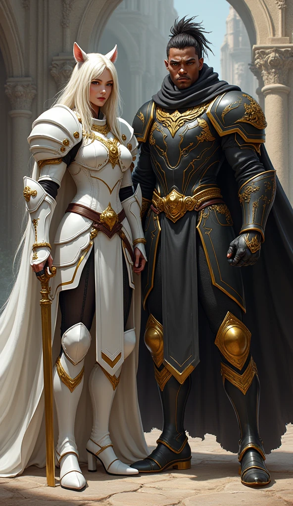 A mulatto-colored man and woman with black and gold armor and a cape related to the Knights of the Zodiac, His armor will have the combination of a lion spirit and a puma and his human companion with a white armor with the spirit of a white dog
