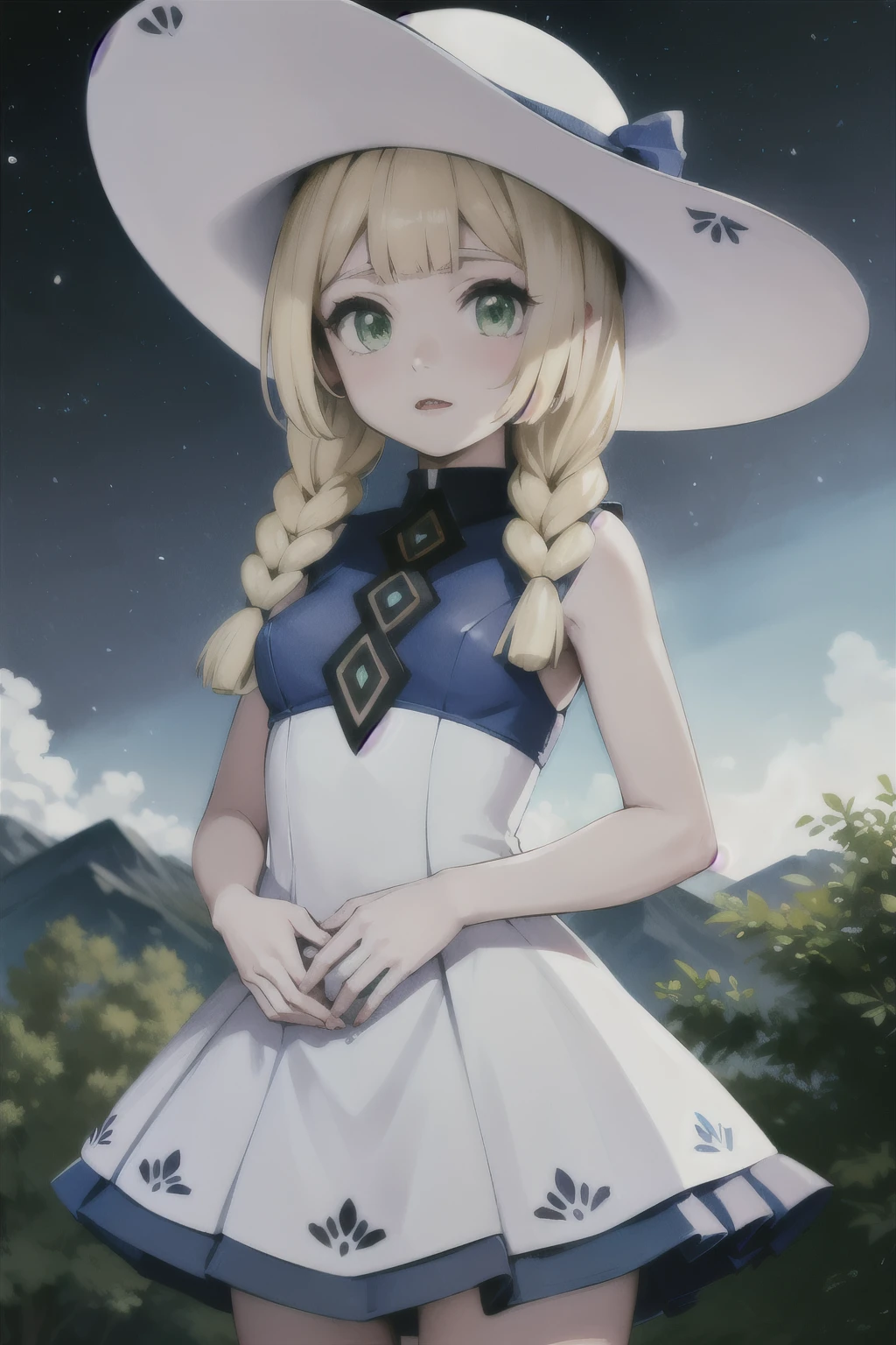 lily pokemon, lily pokemon, by rubio, blunt bangs, (green eyes:1.5), by the wide, (small breasts:1.2),
BREAK braid, collared dress, dress, has, sleeveless, sleeveless dress, sun has, sundress, twin braids, white dress, white hats,
REST looking at the viewer, Upper part of the body, Whole body, (cowboy shot:1.5),
rest outdoors, nature, sky,
BREAK (masterpiece:1.2), Best Quality, High resolution, unity wallpaper 8k, (illustration:0.8), (beautiful detailed eyes:1.6), extremely detailed face, perfect lighting, Extremely detailed CG, (perfect hands, perfect anatomy),