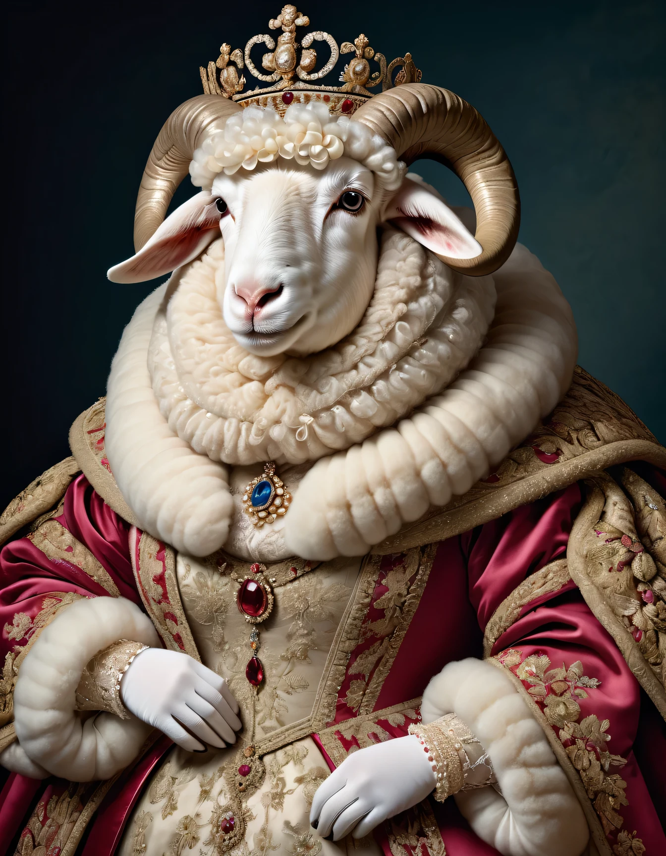 photorealistic portrait of Dressed animals - a ((fat)) (sheep) Queen, (furry),(putting hands together in front of body:1.5) Wearing luxury sack-back gown,(wearing luxury tiara),(happy atmosphere:1.5), Old-fashioned luxury royal clothes, detailed and opulent description of a queen's aristocratic sack-back gown in Rococo style , emphasizing luxurious fabrics, intricate embroidery and ornate accessories, simple background,(face close up image:1.2),(looking at viewer:2.0),(viewed from side:1.5),score_9, score_8_up, score_7_up, score_6_up, score_5_up, score_4_up,