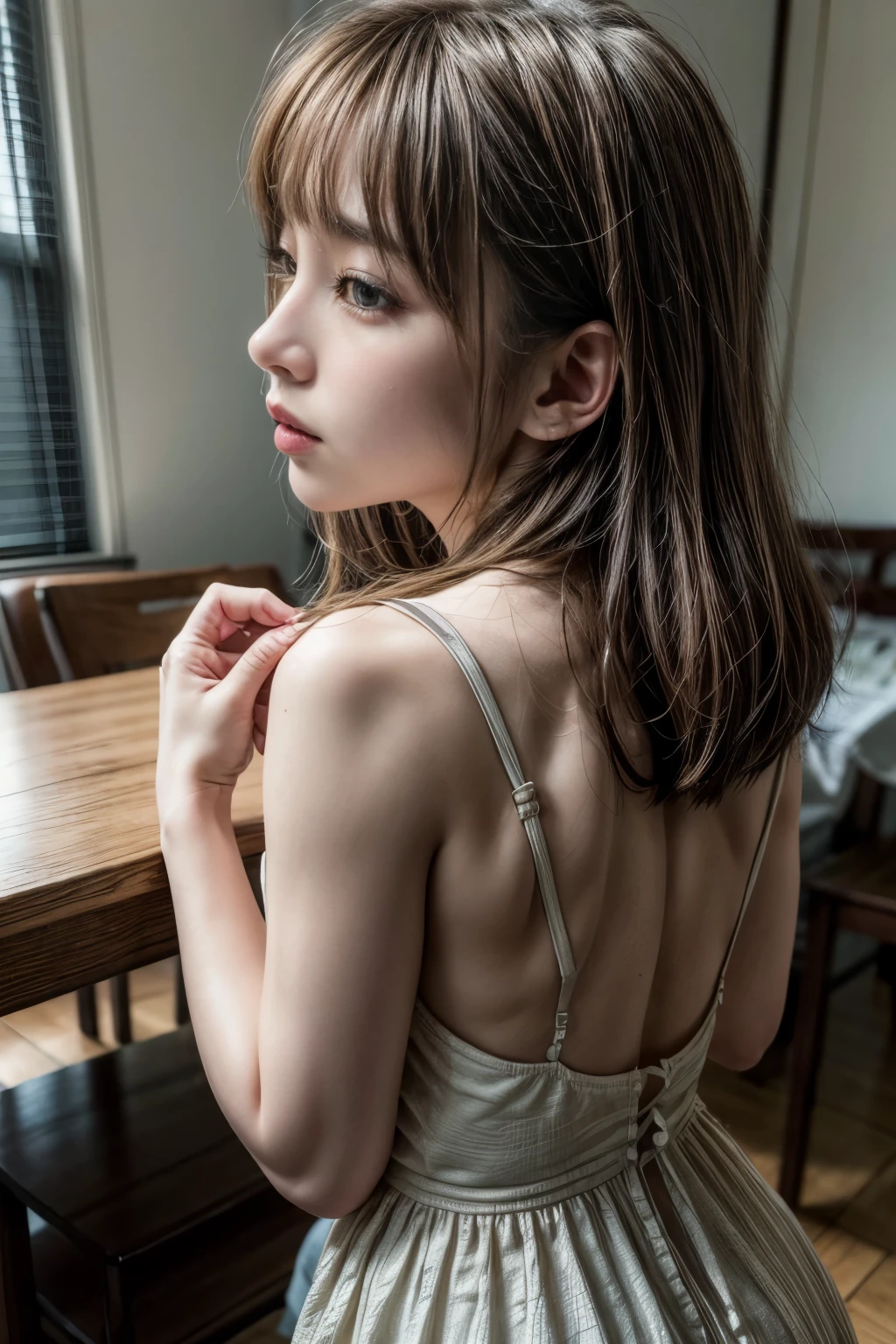 (realistic, photo-realistic:1.4), (masterpiece, best quality:1.2), RAW photo, high resolution, intricate details, extremely detailed, (side view:1.4), looking at viewer, solo, 1girl, a Japanese woman, wearing a minidress, (standing, leaning forward, doggystyle, hands on table top:1.5), detailed face, detailed eyes, sophisticated nose, pale skin, photo background, indoors, home, 