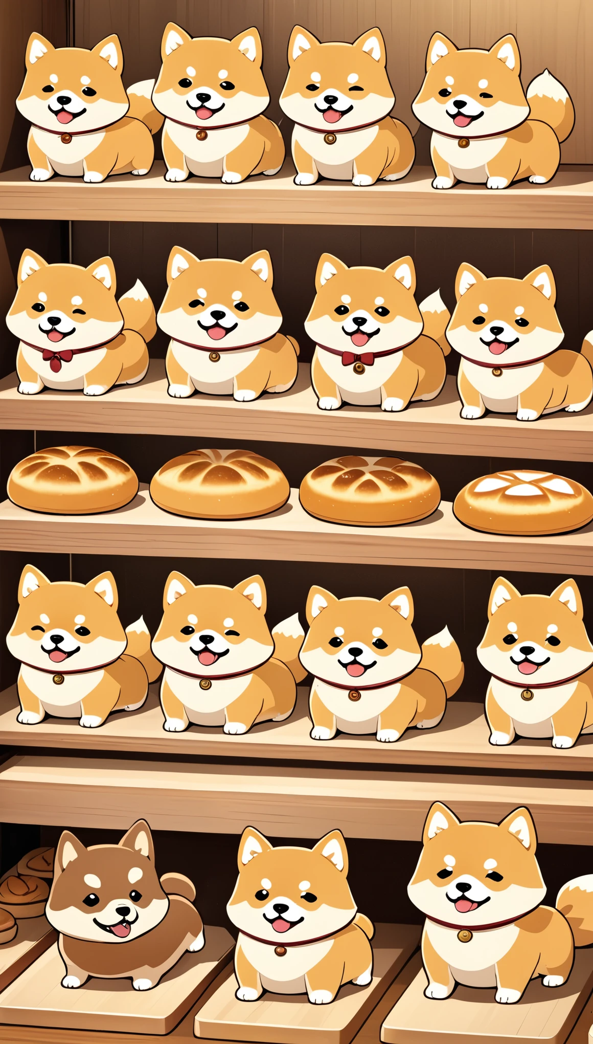 (masterpiece:1.2, Highest quality,Highest quality,Very detailedな:1.2),(Very detailed),(Best illustrations),8k,(Mr.々Small Shiba Inu character breads with cute expressions are arranged in a square.,Bakery Shop,Deformation,Very simple design,Vector Flat,Vector art)