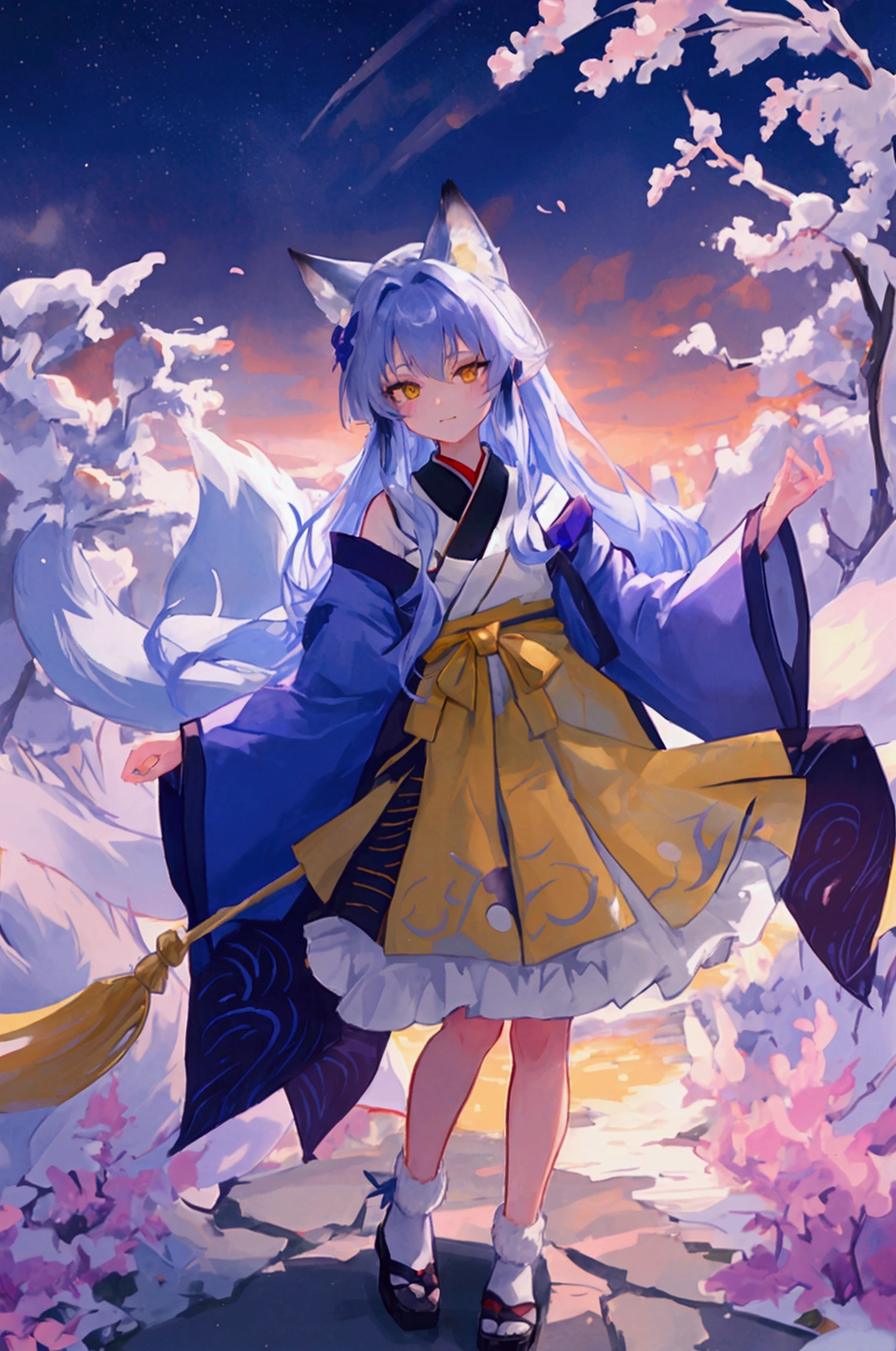 fox Light blue hair beast girl indigo fur fox beast girl Sesshomaru, Yellow eyes, Anime, Perfect face, Perfect Lighting, Outdoors, Warm colors, Dark purple sky, Autumn sunset, \(inuyasha\), Bearing Claw, Ready to fight wave, koi fish, anime artstyle, wide view, fluffy. yellow fox, marking under the eyes, crystal antler ,violet eyes, wearing bandanna, flower petals, Ambient light,Ultra-fine fur,volumettic light,natural lightting,fox tail,nevando,35mm。High quality, high detal, Best quality, hyper HD,individual,Single