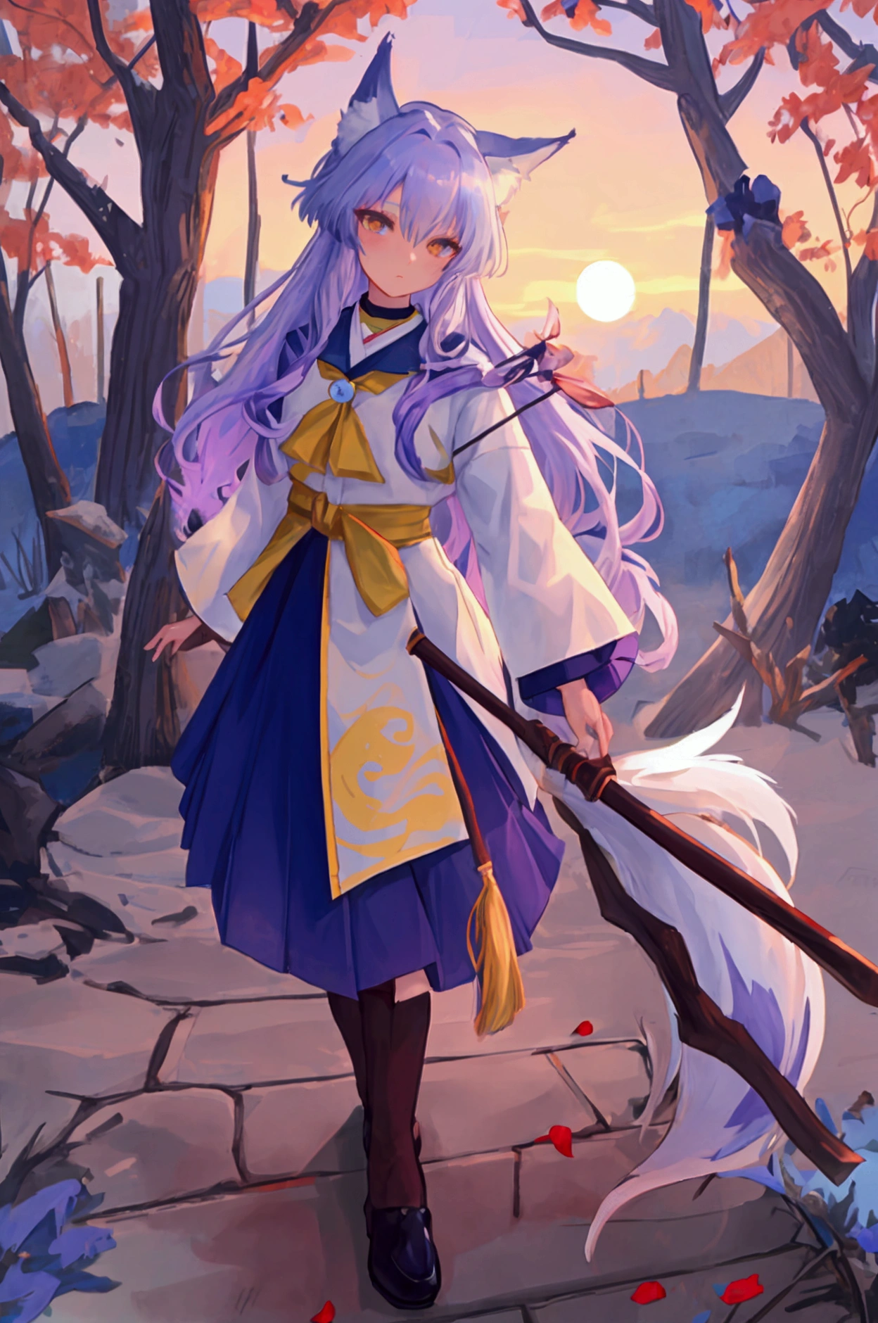 fox Light blue hair beast girl indigo fur fox beast girl Sesshomaru, Yellow eyes, Anime, Perfect face, Perfect Lighting, Outdoors, Warm colors, Dark purple sky, Autumn sunset, \(inuyasha\), Bearing Claw, Ready to fight wave, koi fish, anime artstyle, wide view, fluffy. yellow fox, marking under the eyes, crystal antler ,violet eyes, wearing bandanna, flower petals, Ambient light,Ultra-fine fur,volumettic light,natural lightting,fox tail,nevando,35mm。High quality, high detal, Best quality, hyper HD,individual,Single