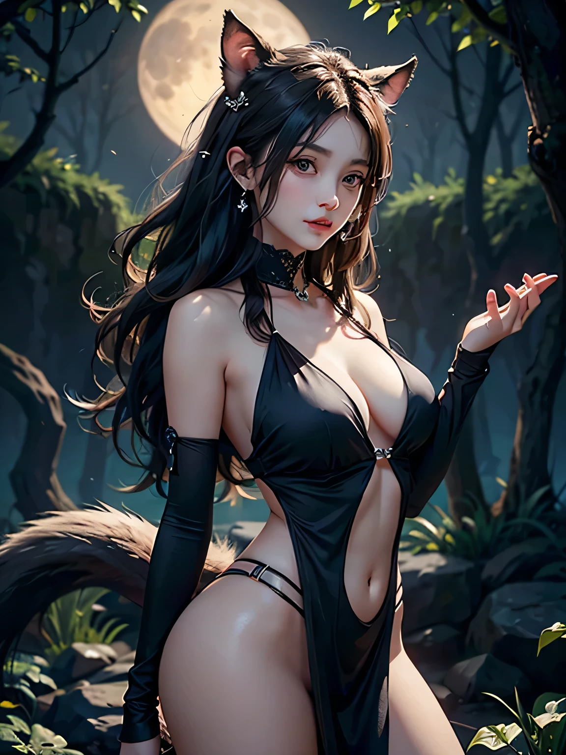 [Core Concept] A beautiful young woman's confession of being a werewolf, as her transformation begins under the light of the full moon.

[Character Description] The young woman, once pure and demure, now exudes a sensual, captivating allure as her werewolf nature emerges. Her ears have shifted upwards, her limbs are covered in fur, and a fluffy tail has sprouted.

[Environment/Background] The scene unfolds in a moonlit forest, the gentle glow of the full moon casting an ethereal light upon the unfolding events.

[Style and Atmosphere] The atmosphere is one of mysticism and primal, untamed energy, as the woman's transformation from human to werewolf takes hold.

[Composition] The composition focuses on the woman's metamorphosis, with the shifting features and the emergence of her werewolf traits taking center stage.

[Details and Embellishments] The woman's once-innocent expression has been replaced by a captivating, sensual gaze, reflecting the primal instincts that are now awakening within her.

[Technical Specifications] The image should be rendered in a realistic, detailed style, capturing the nuances of the woman's transformation and the enchanting, otherworldly quality of the moonlit forest setting.