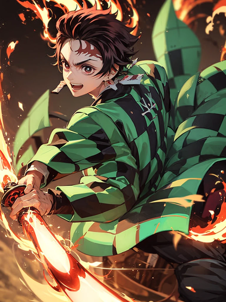 Boy (Tanjiro) using sword, fire coming from sword, happy look, 