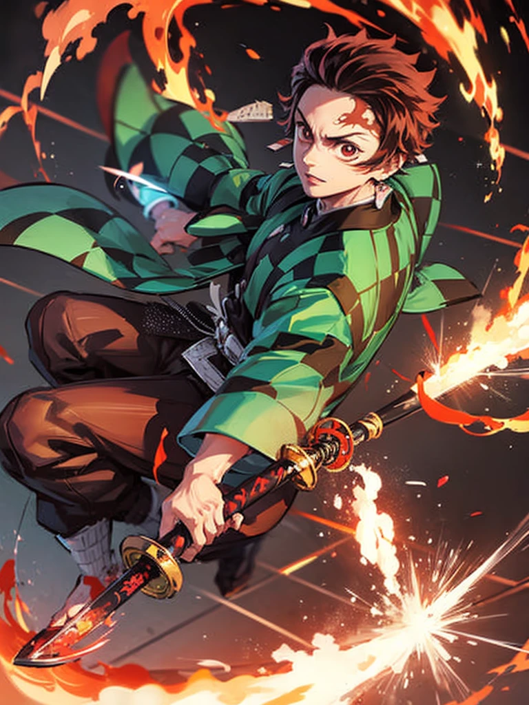 Boy (Tanjiro) using sword, fire coming from sword, happy look,